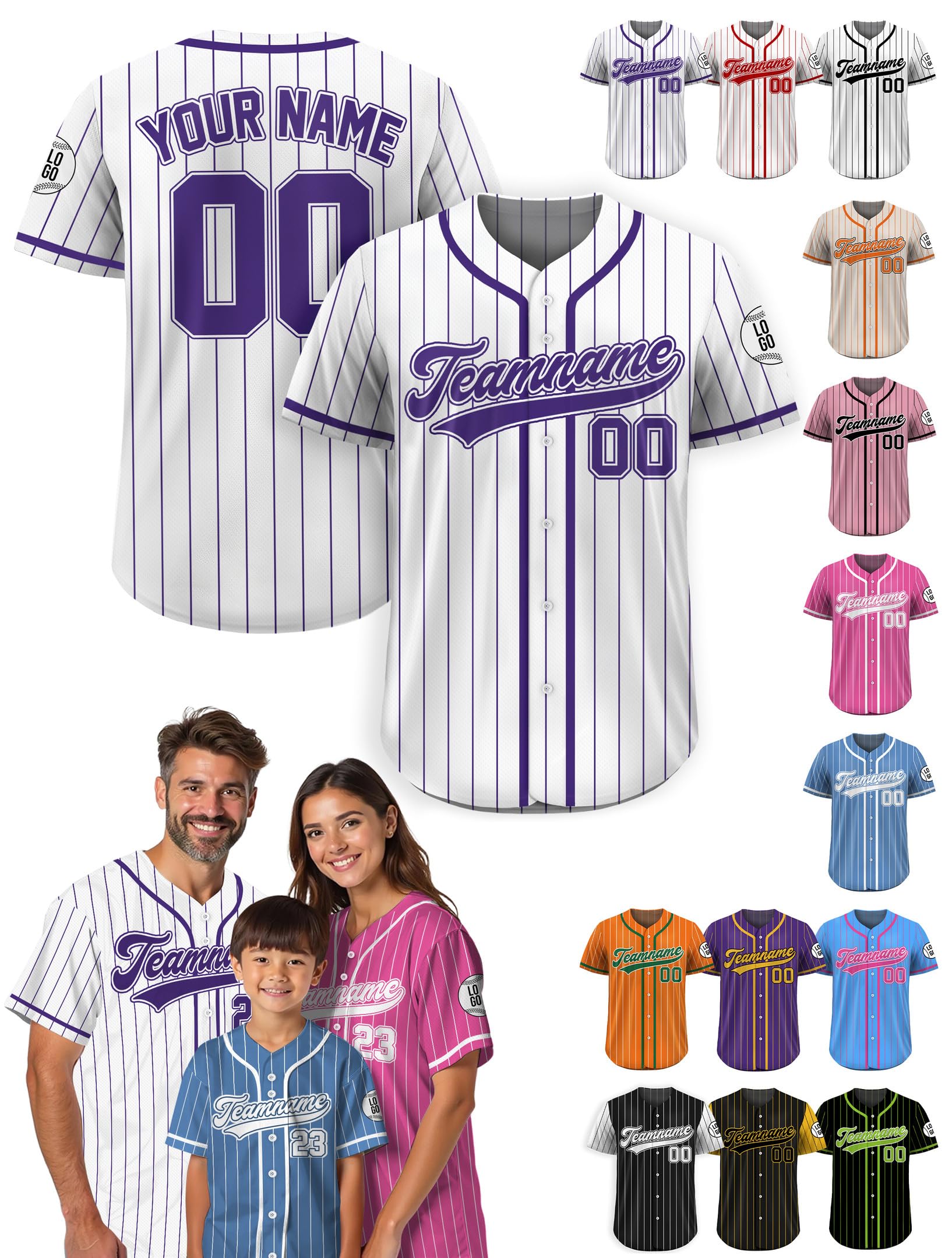 Custom Pinstripe Baseball Jersey – Personalized Name, Number & Logo, Pinstripe White Purple Button Up Jersey for Men, Women, Youth, Toddlers