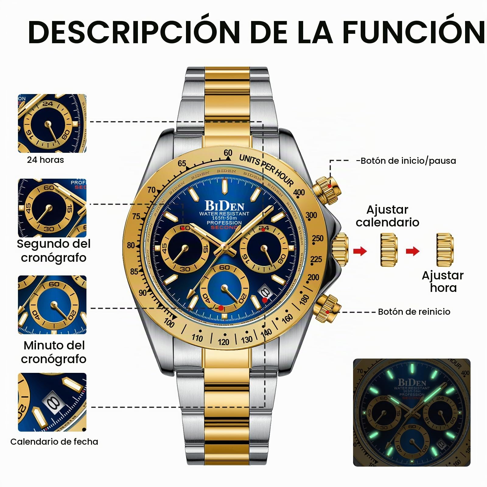 HANPOSH Reloj Hombre Cronógrafo de Acero Inoxidable(Plata Oro Azul11)