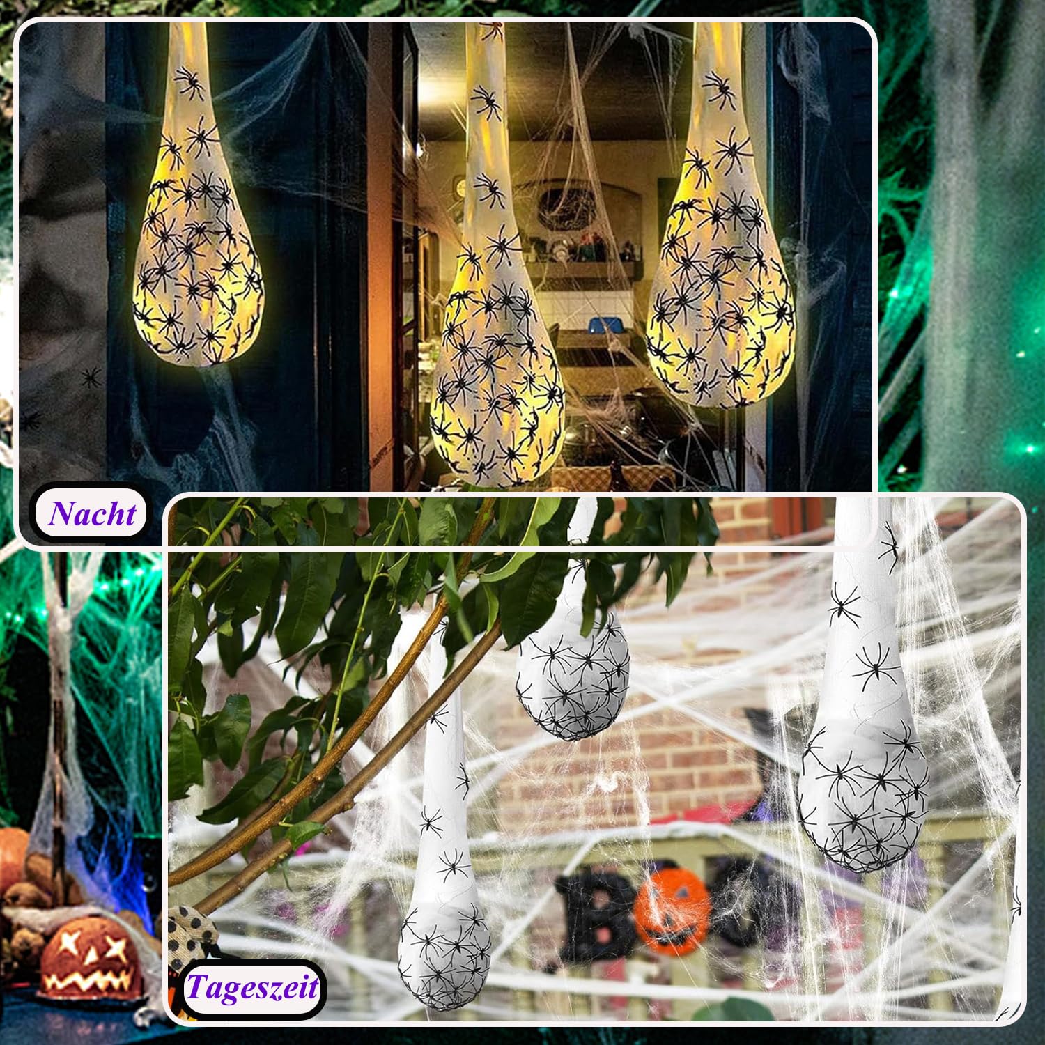 24-tlg. Halloween LED Spinnen Deko - Grusel-Spinnen Mit Grünem Licht Für Indoor/Outdoor