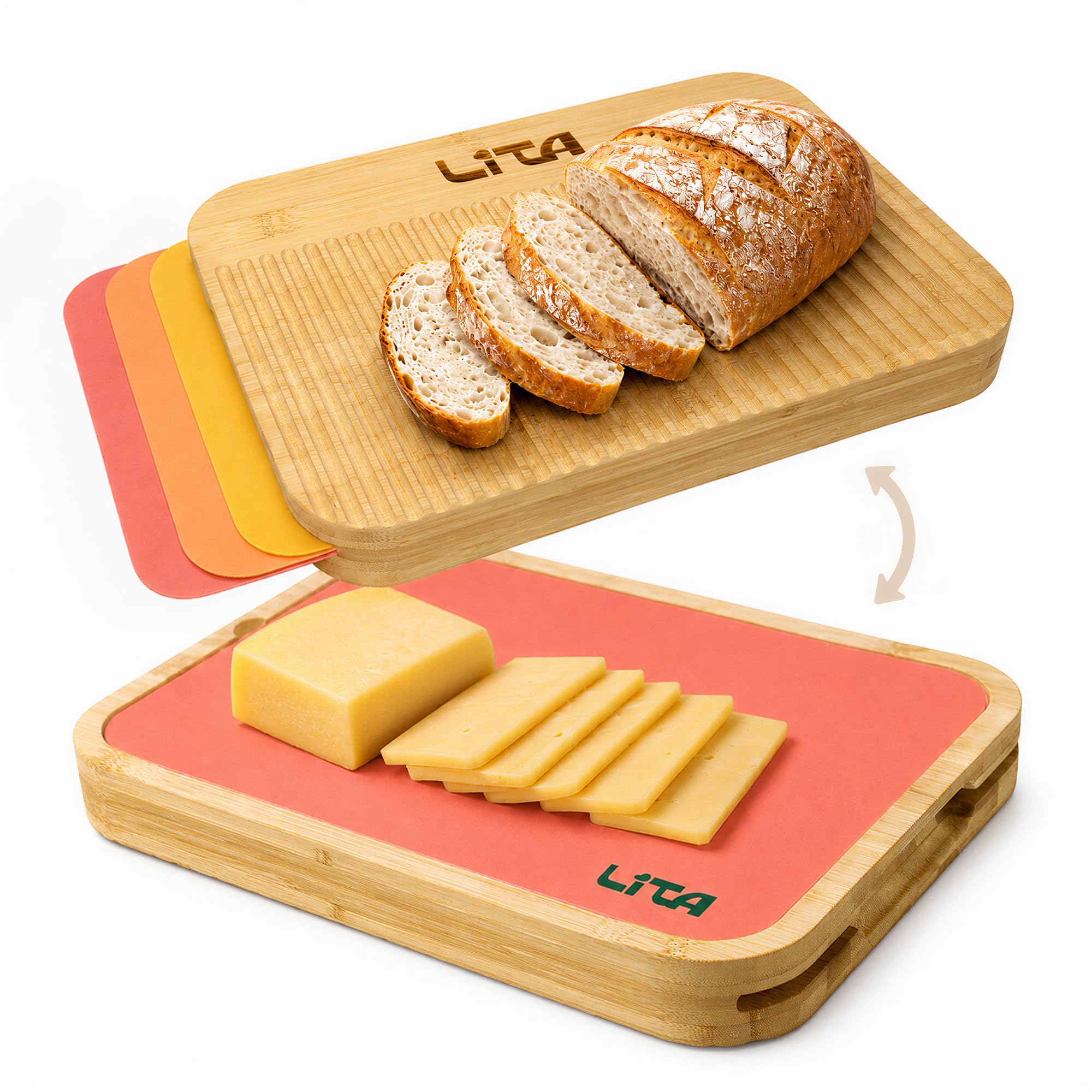 Lita Store Planche à découper multifonction en bois de bambou avec 3 tapis interchangeables flexibles PP Ustensiles de cuisine Double face Sans BPA