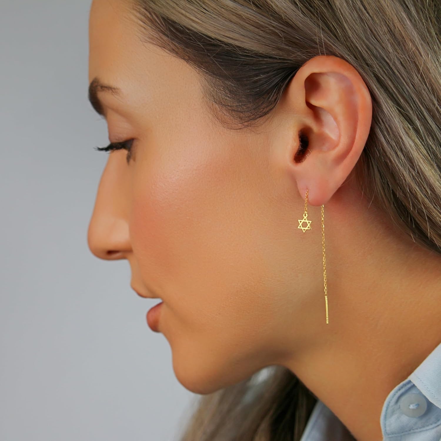 925 Sterling Silver Star of David Threader Dangle Earrings for Women | Minimalist Chain Earrings Double Piercings | Dangle Magen David Earrings (Sterling silver) - Image 4