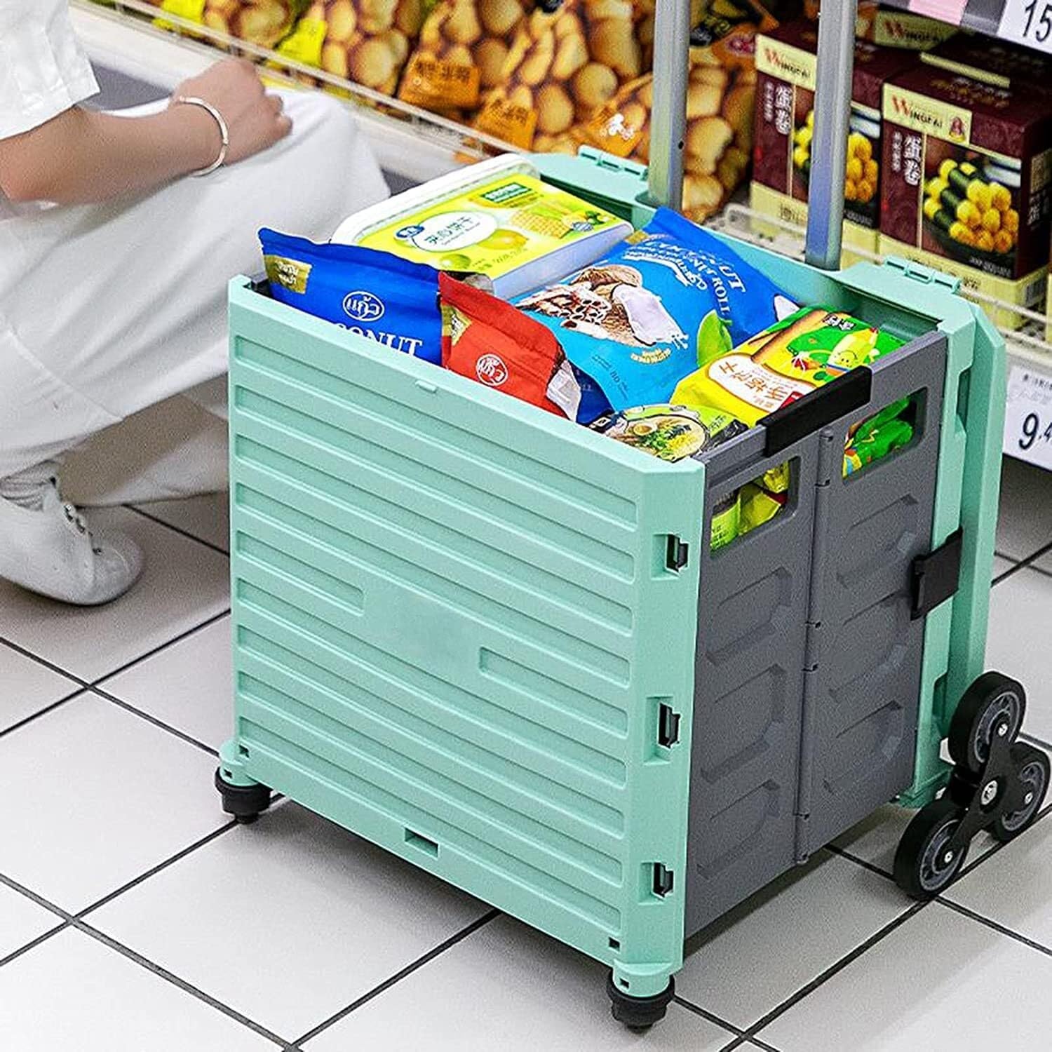 Wózek na zakupy, wózek spożywczy, wózek na zakupy, z 4 uniwersalnymi kółkami, składany, supermarket, torba na zakupy, odporna na zużycie, bezgłośna, obracana o 360°, dla kobiet, mężczyzn, podróży,