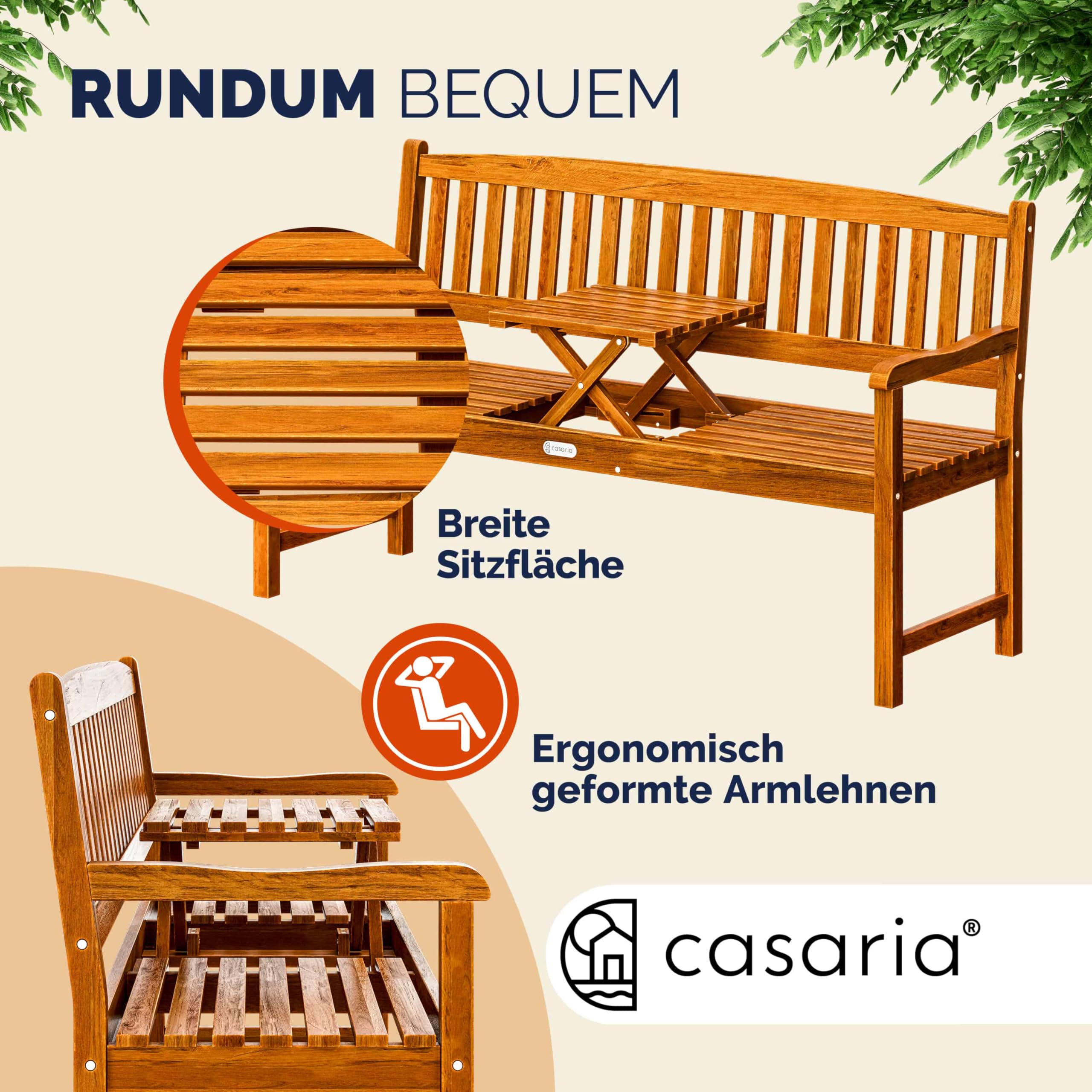 Casaria® Gartenbank FSC®-Zertifiziert Wetterfest | 153x57cm, Holz, 480kg Belastbarkeit, 3-Sitzer, Armlehne, Rückenlehne, Garten, Balkon, Eukalyptus, braun