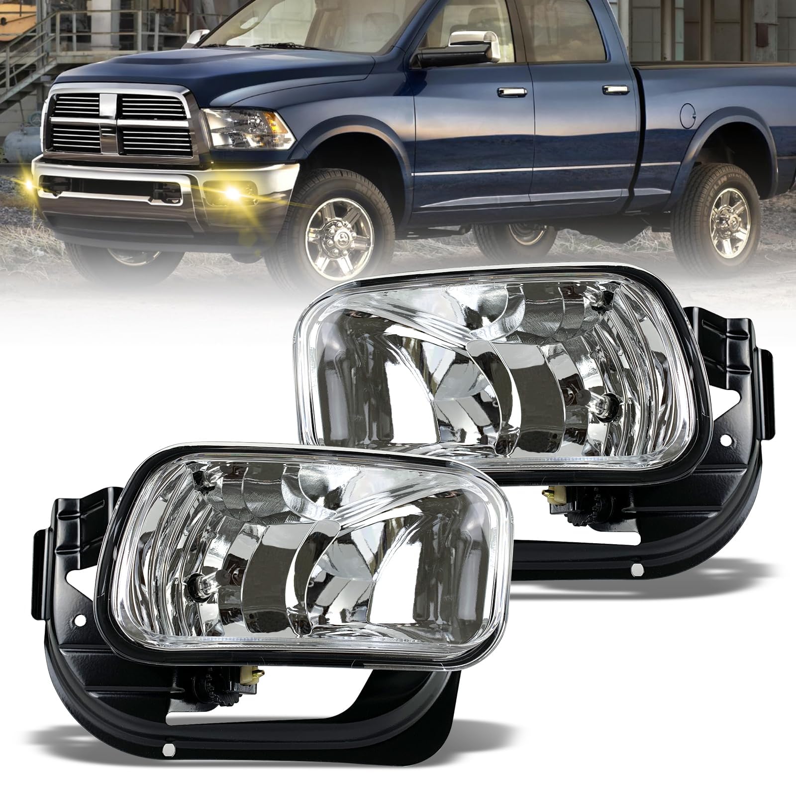 Shocklight Driving Fog Lights Replacement for 2009-2012 Dodge Ram 1500, 2010-2018 Dodge Ram 2500 3500 with H10 12V 42W Halogen Bulbs & Bracket (Clear Lens)