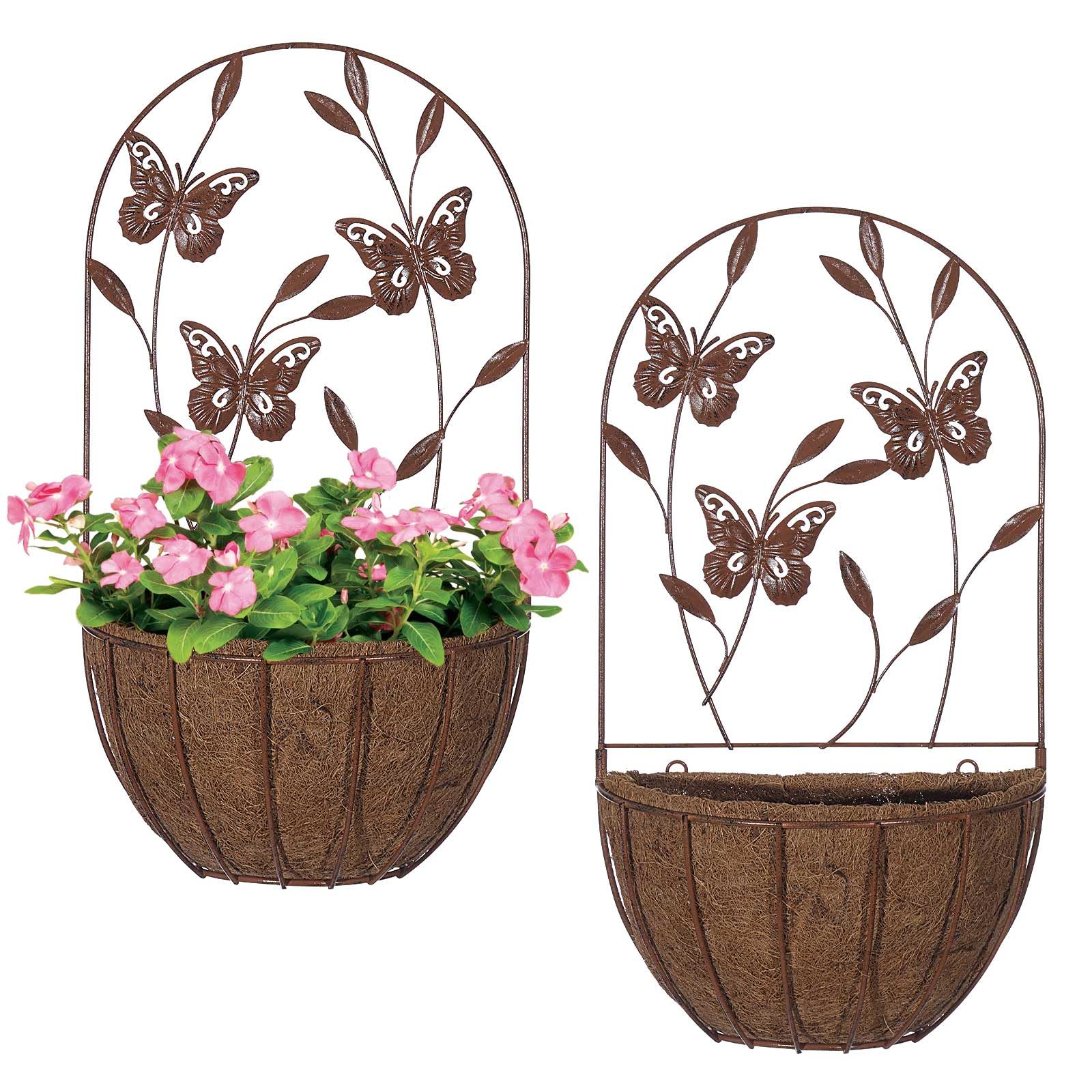 2PK Wall Hanging Planter Decor Art with Butterfly, Metal Wall Mounted Planters Indoor Outdoor Wall Planter for Succulent Herb Home Garden Yard