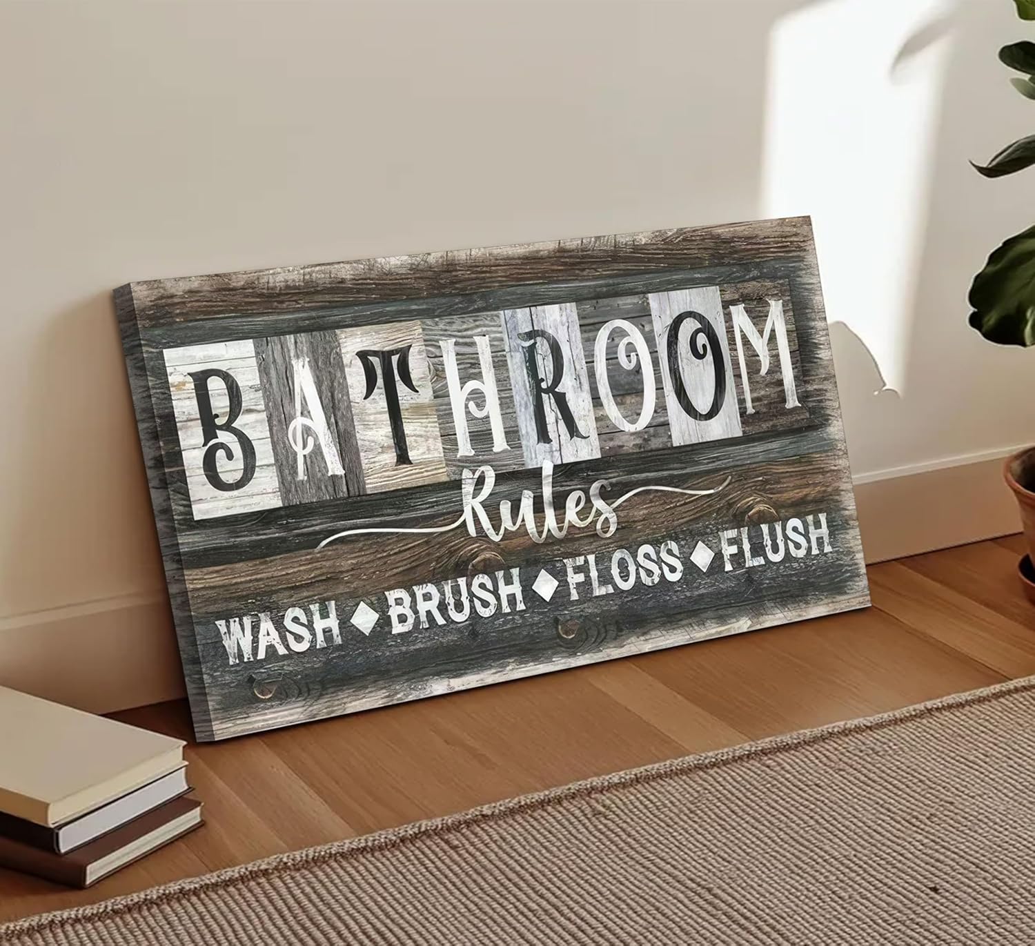 Bathroom Rules Canvas Wall Art Farmhouse Bathroom Sign Picture Vintage Rustic Poster Prints WASH BRUSH FLOSS FLUSH Humorous Sayings Wall Decor for Laundry Room Washroom Toilet Restroom 12x24in Framed