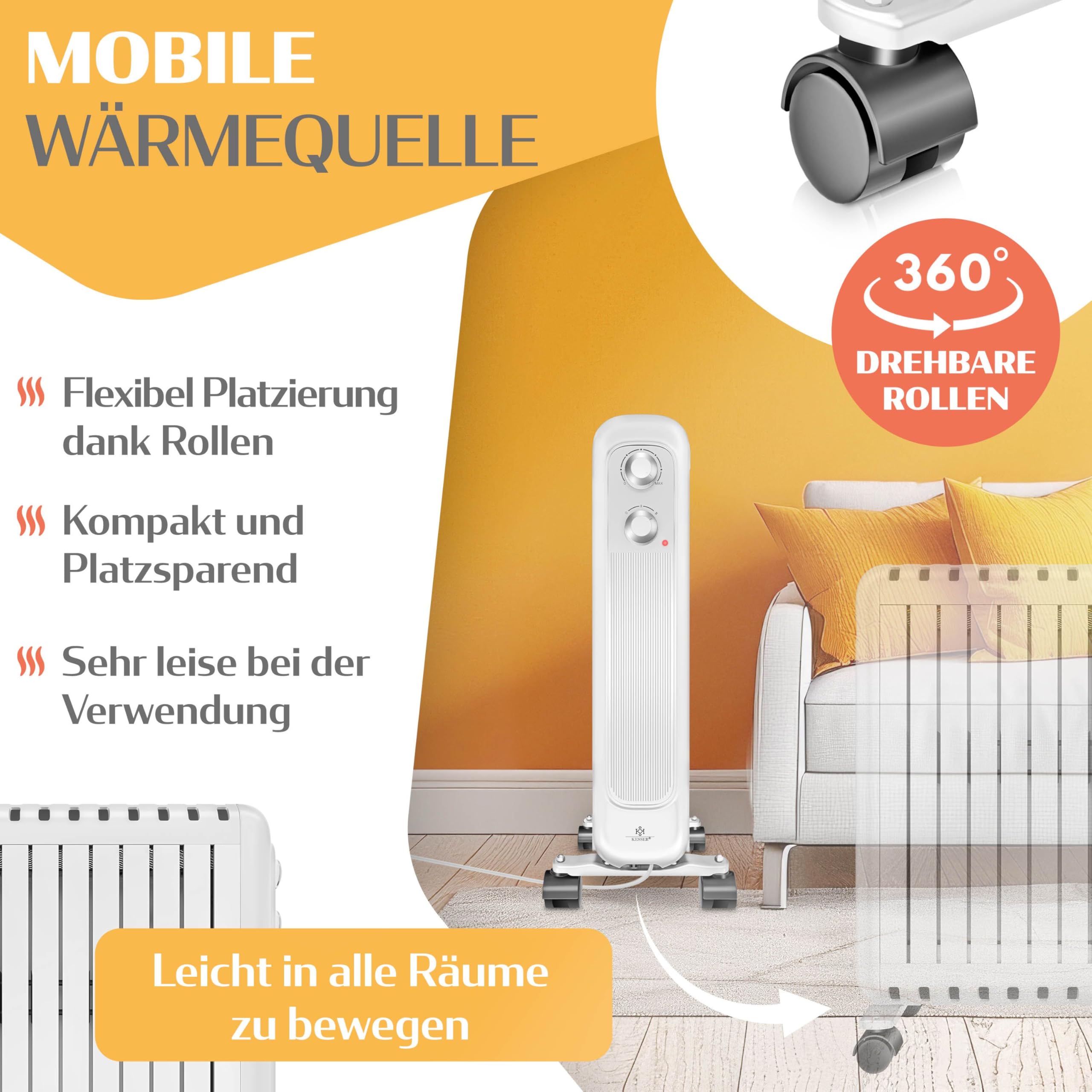 KESSER® Radiateur à huile économe en énergie - 2500 W - Thermostat - Chauffage soufflant rapide - Chauffage électrique rempli d'huile + 3 niveaux de chauffage - Boîtier de protection - Roulettes à 360