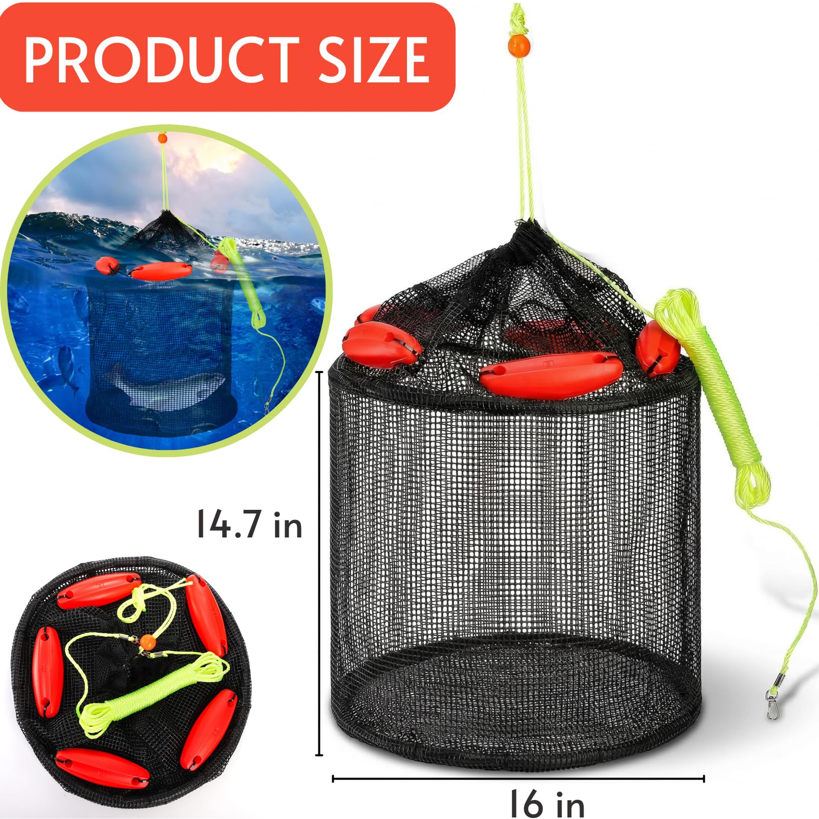 ZENFUN Grand Panier à Poisson Flottant Pliable pour Poissons Vivants capturés, Cage à appâts Pliable en Maille de 40,6 x 38,1 cm, piège à appâts de pêche, piège à appâts de pêche, Seau de pêche avec