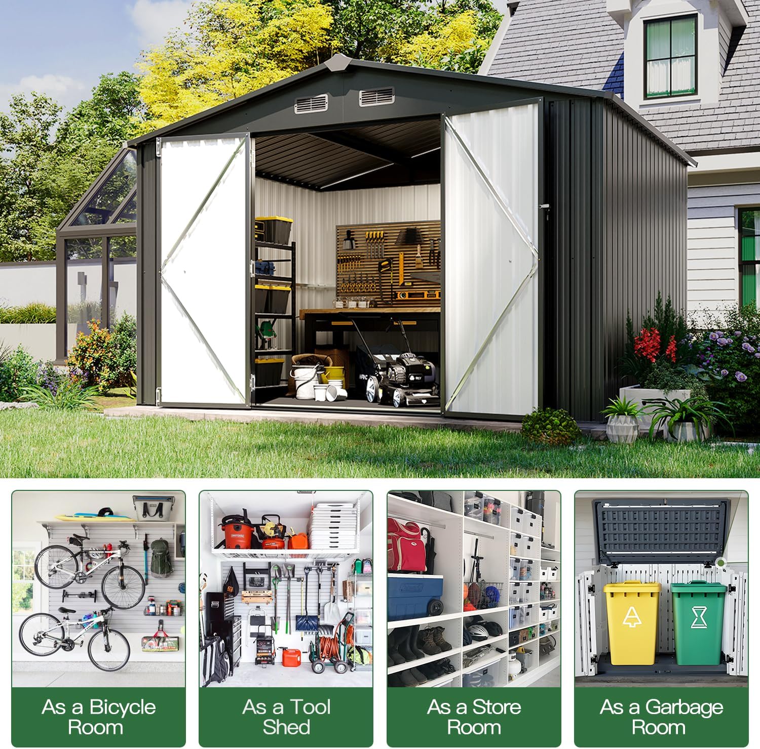 9.6 x 7.4 x 6.5 FT Outdoor Metal Storage Shed with Lockable Door, Tool Shed with Plastic Floor for Garden, Backyard & Poolside, Black Design