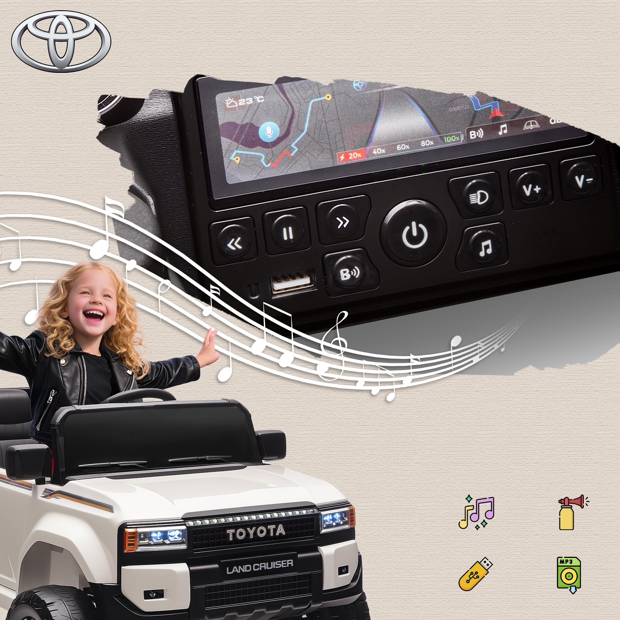 AIYAPLAY TOYOTA Land Cruiser Coche Eléctrico para Niños 3-8 Años, 12V 3-5 km/h Coche Eléctrico para Niños con 2 Motores, Suspensión, Mando a Distancia, Cinturón de 3 Puntos, Bluetooth, USB, Música,
