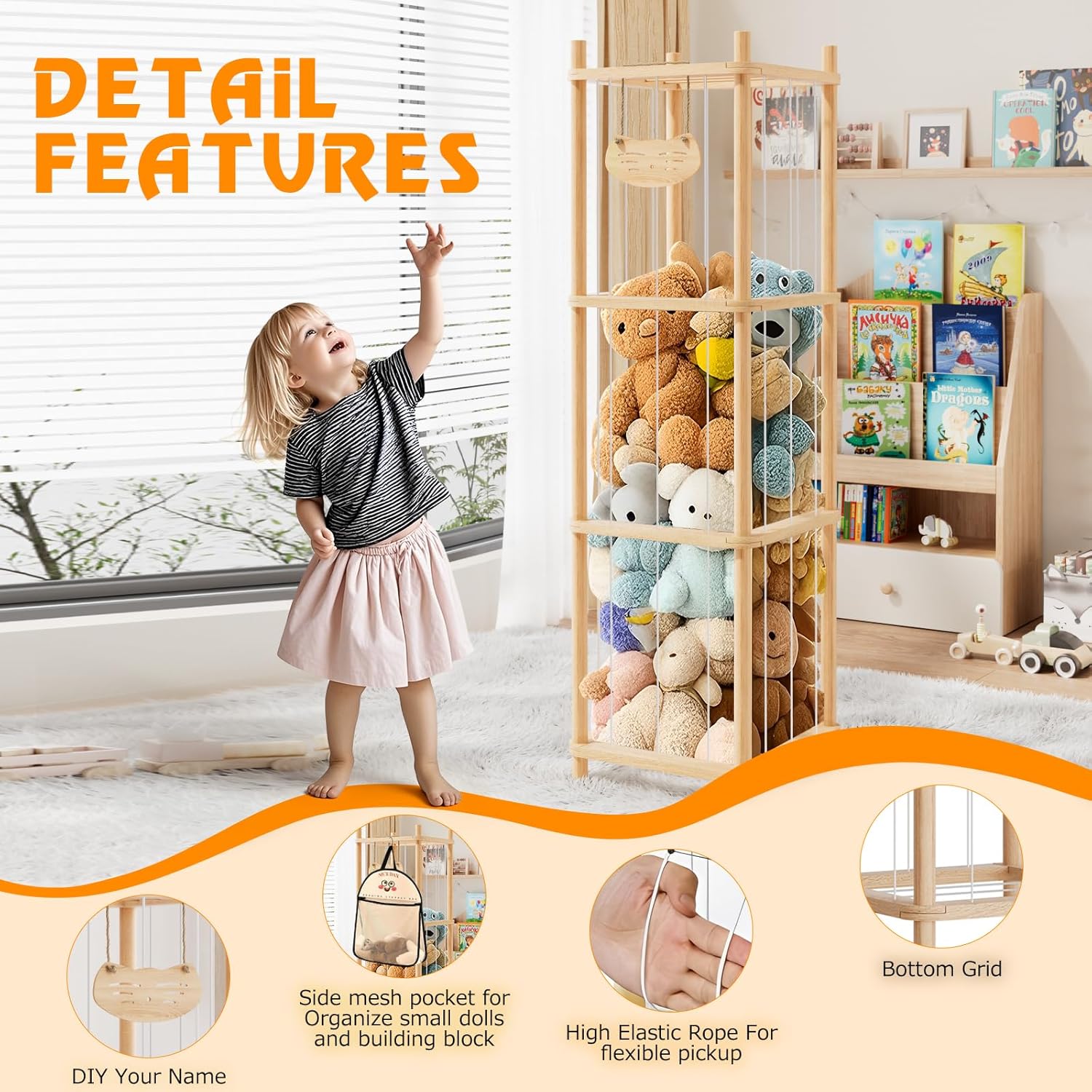 Stuffed Animals Storage, Wood Stuffed Animal Zoo Storage Plush Toy Organizer Zoo Toy Cage Gift for Nursery Playroom Kidroom Bedroom-55 inch，Wood color