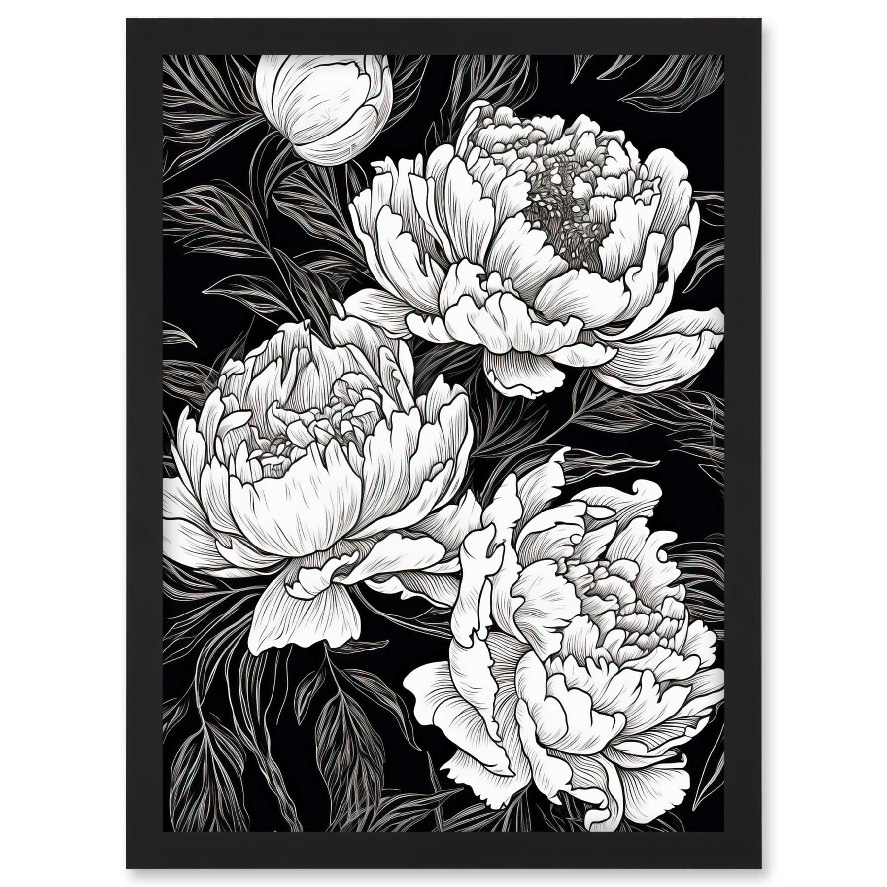 Artery8 Peony Flower Blooms White on Black Illustration Artwork Framed A3 Wall Art Print