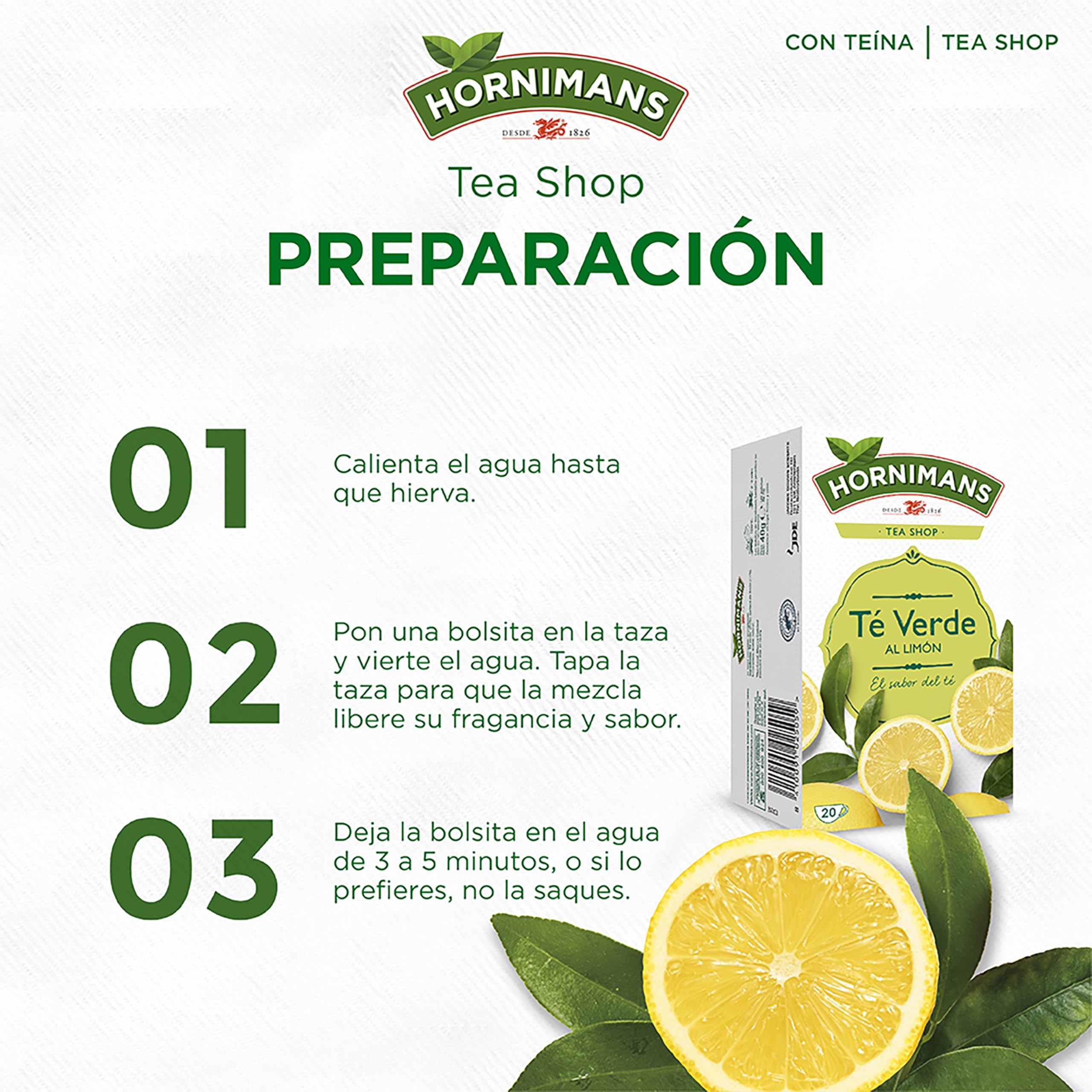 Hornimans Té Verde al Limón Ingredientes 100% Naturales | 20 bolsitas | Con Teína
