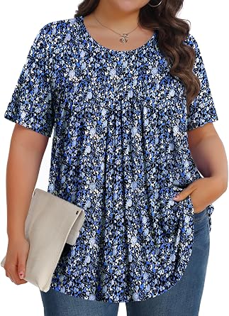 Tencede Womens Plus Size Tops Tunic Short Sleeve Crew Neck Shirts Casual Soft Blouse 1X-5X