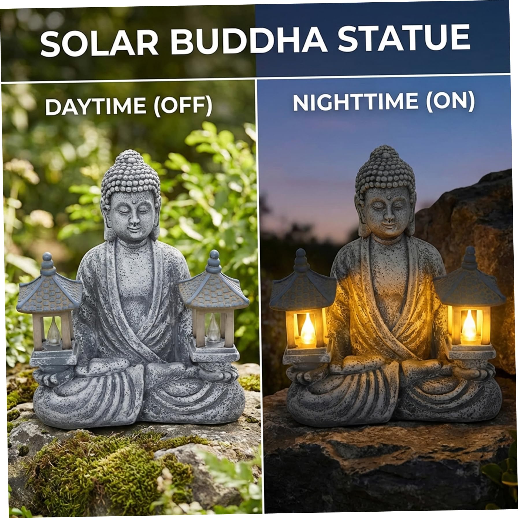 Statue de Bouddha d'extérieur, décoration de Bouddha Solaire avec phares LED, Statue Jardin en résine étanche pour Jardin, Maison, Patio, pelouse 20, 3 x 11, 4 x 23, 1 cm