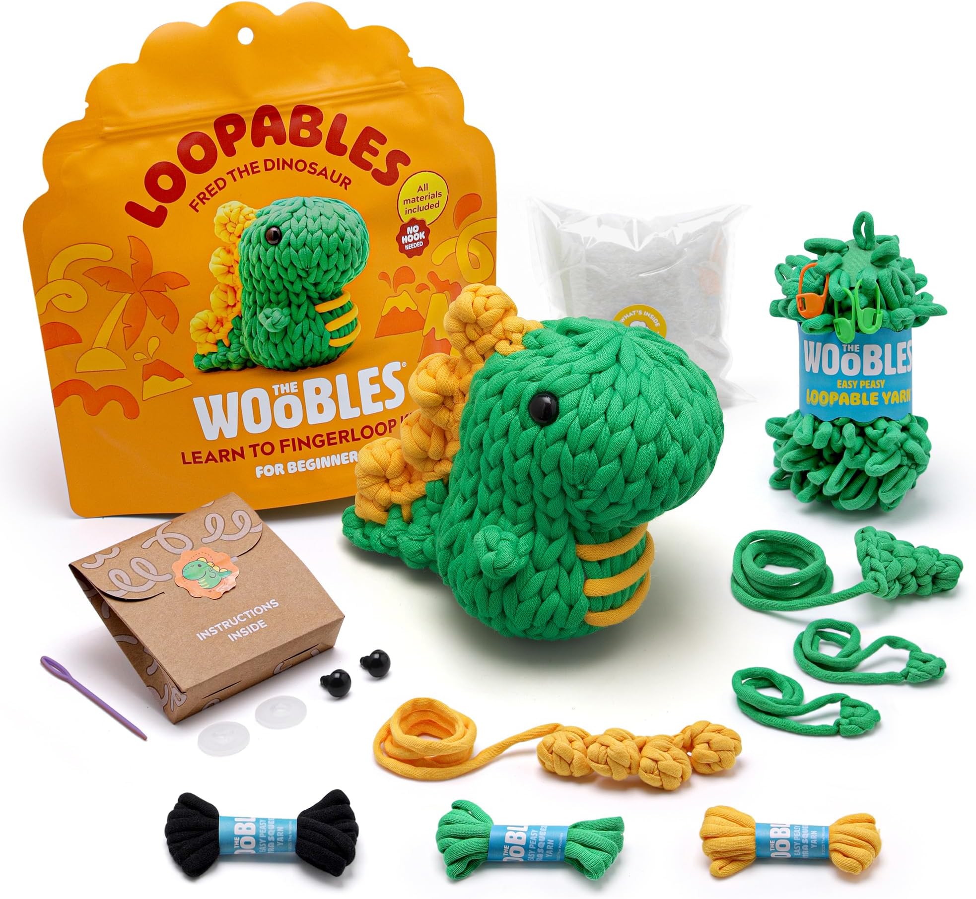 Crochet Kit for Beginners with Easy Peasy Loopable Yarn, As Seen on Shark Tank - Easy Arts and Crafts Knitting & Crochet Animals Kit with Step-by-Step Video Tutorials (Fred the Dino)