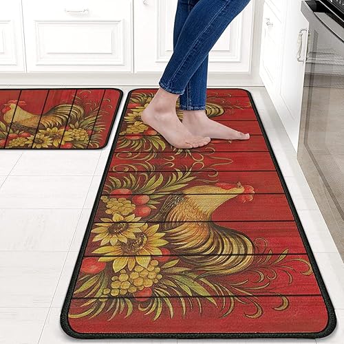 Miniatura 2 de Juego de 2 alfombras y tapetes de cocina de gallo, alfombras rojas para decoración de cocina, con respaldo de goma, antideslizante, para fregadero,