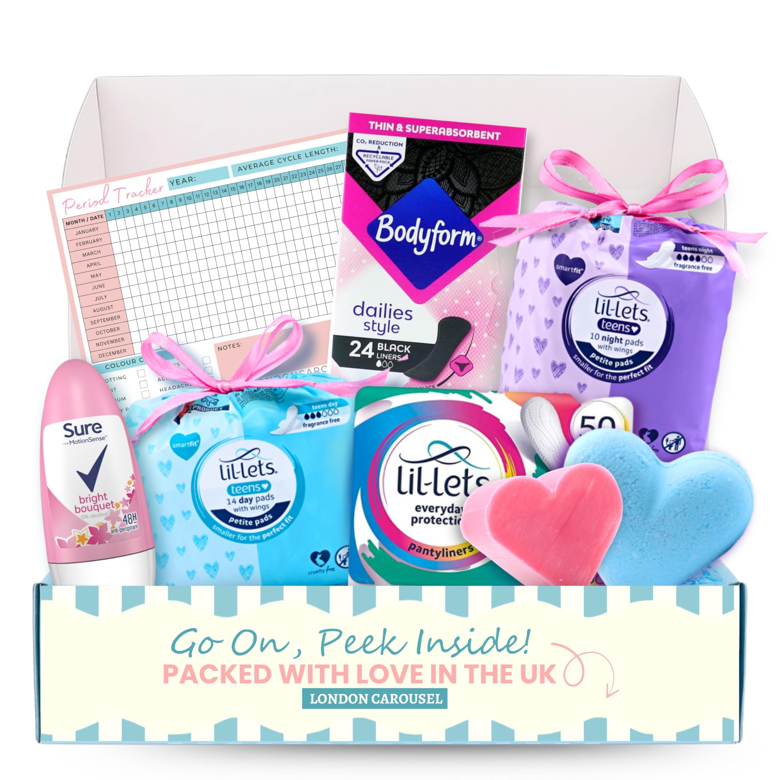 First Period Kit for Girls - with Lil Lets Sanitary Pads and Liners, Bodyform Panty Liners, Roll on Deodorant, Bath Bomb, Mini Soap and Period Tracker