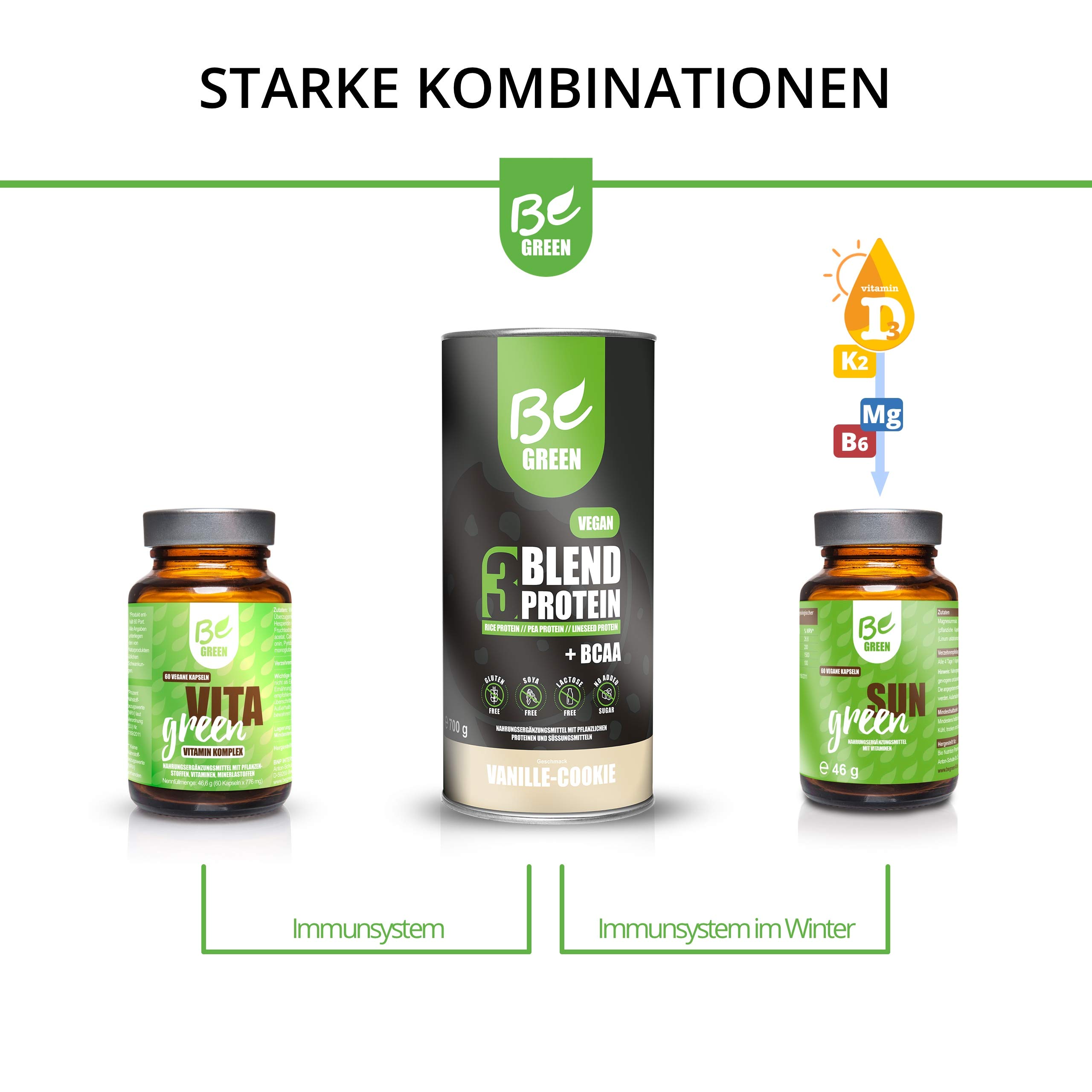 BeGreen 3Blend Vegan-Protein mit BCAA und B12, Vanille-Cookie, Pflanzliches Eiweisspulver aus Reis-Erbsen-Leinsamen-Protein, laktosefrei, glutenfrei ohne Zuckerzusatz, 700 g Pulver, super lecker