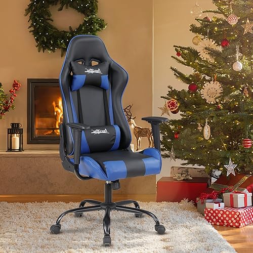 Miniatura 45 de Silla ergonómica para videojuegos, silla de juegos de piel sintética con reposacabezas, silla de carreras para computadora con soporte lumbar, silla