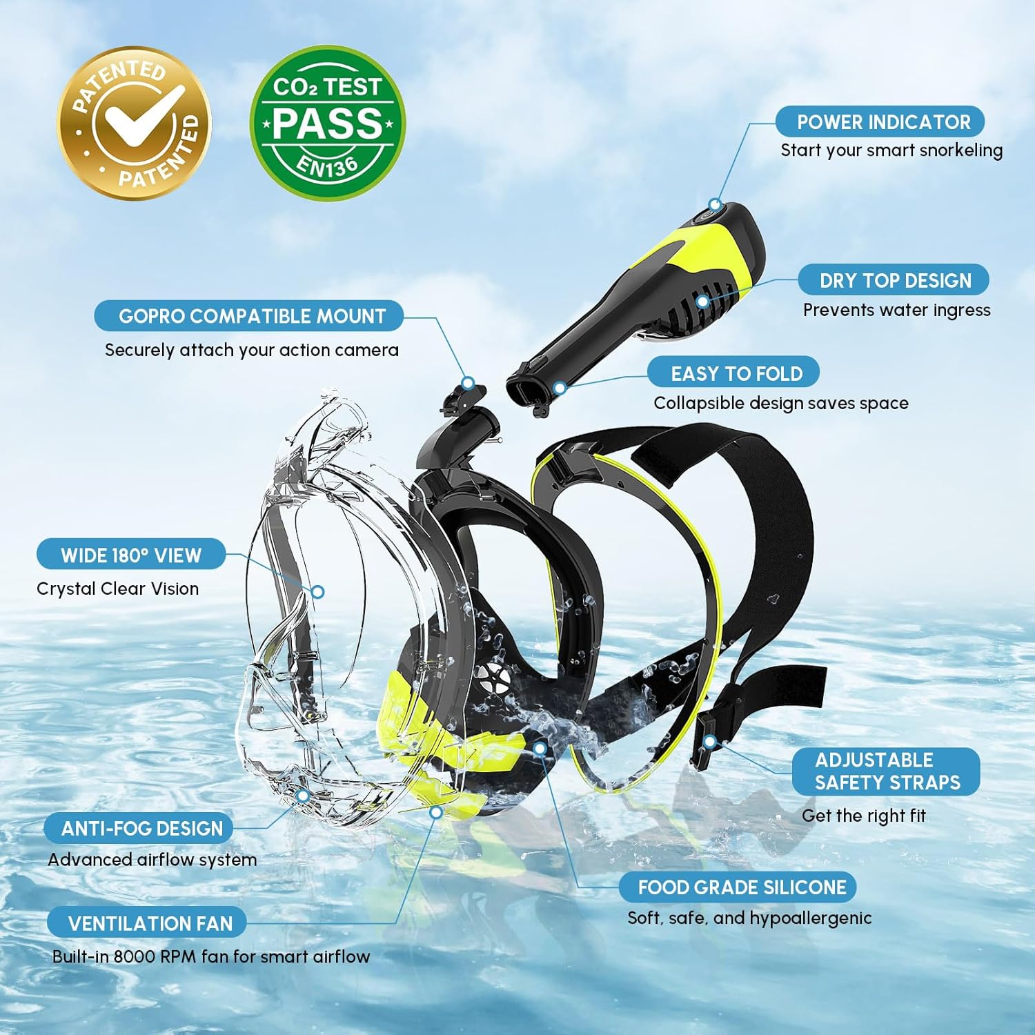 Electric Full Face Snorkel Mask for Adults, Snorkeling Gear with Latest Dry Top System, Patented Airflow System with Fan Assistance, 180° Panoramic Foldable Design, Anti-Fog & Anti-Leak - Image 5