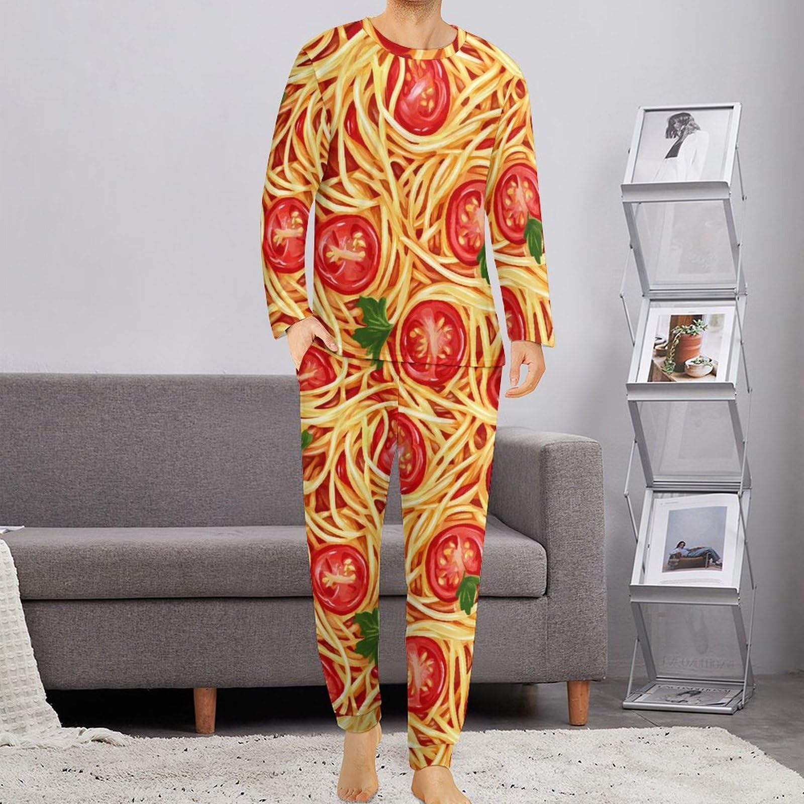 Spaghetti Pasta Noodles Salsa T-omato Morbido Pigiama da Uomo Set Elastico in Vita Indumenti Da Notte Girocollo Manica Lunga Loungewear