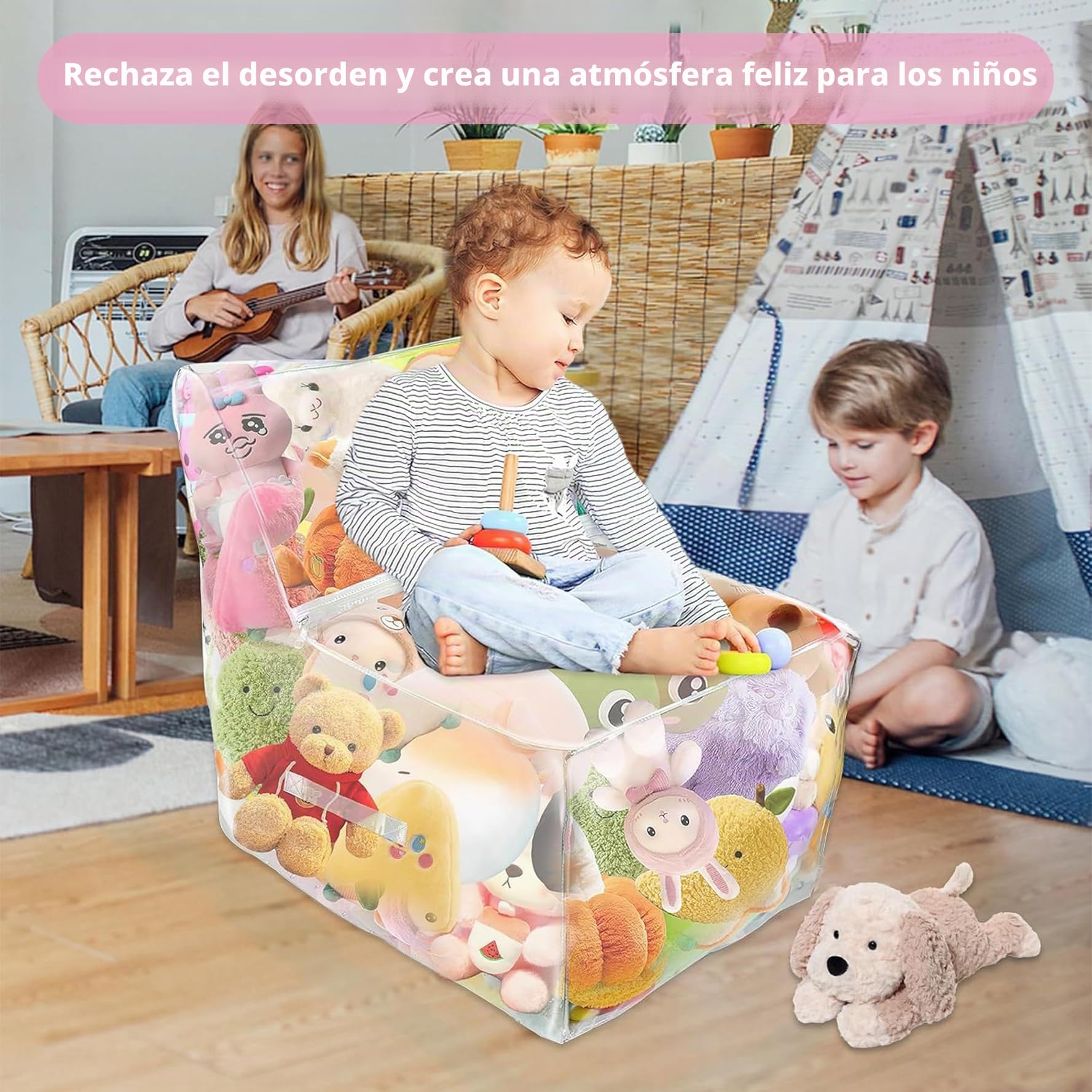 Reofrey Bolsa de almacenamiento de juguetes suaves 2 en 1 estilo sofá, organización de juguetes, almacenamiento de animales de peluche de PVC con cremalleras, funda transparente rellenable para silla