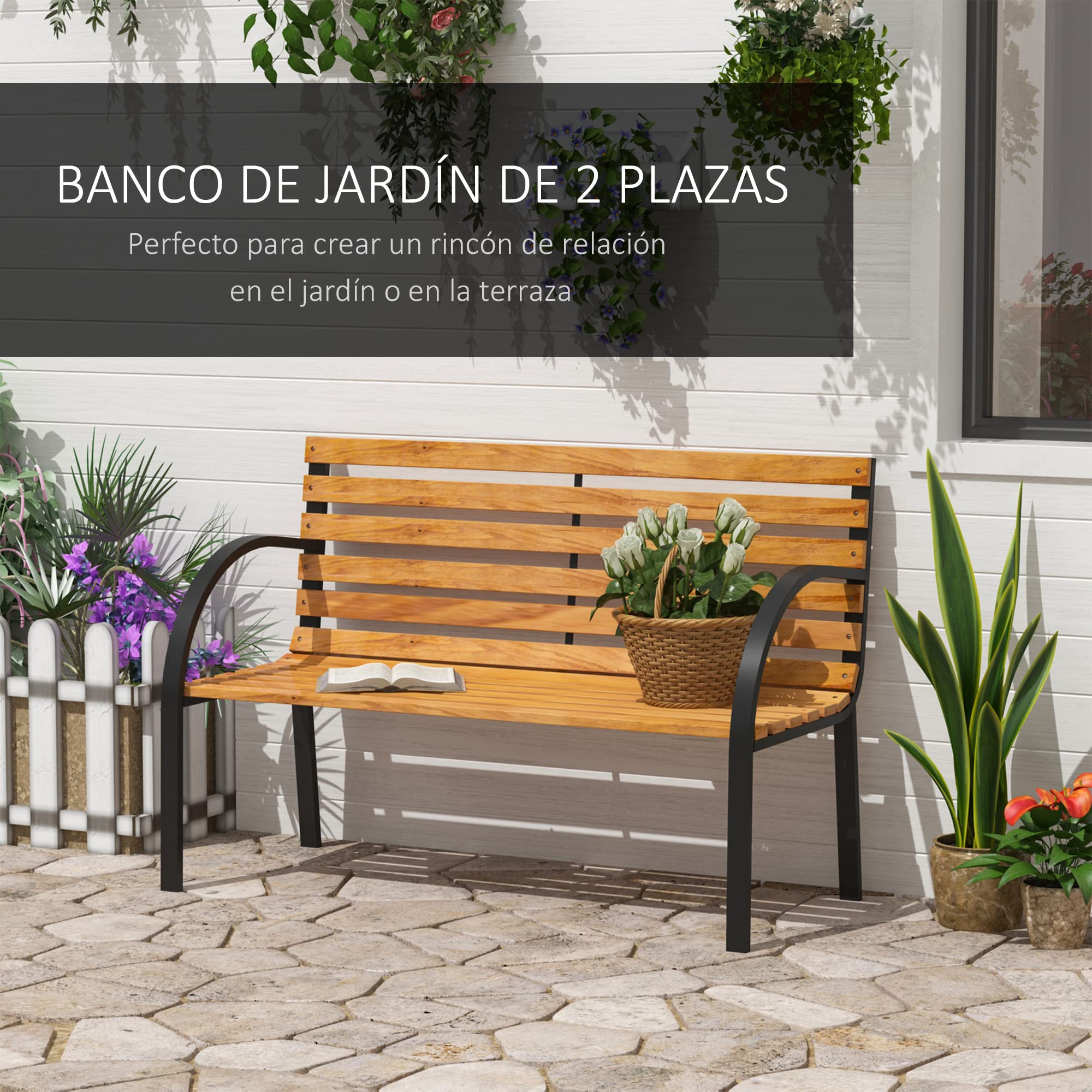 Outsunny Banco de Jardín de Madera de 2 Plazas 122x60x83 cm con Respaldo y Apoyabrazos Listones y Marco de Acero Carga 220 kg Color Natural y Negro