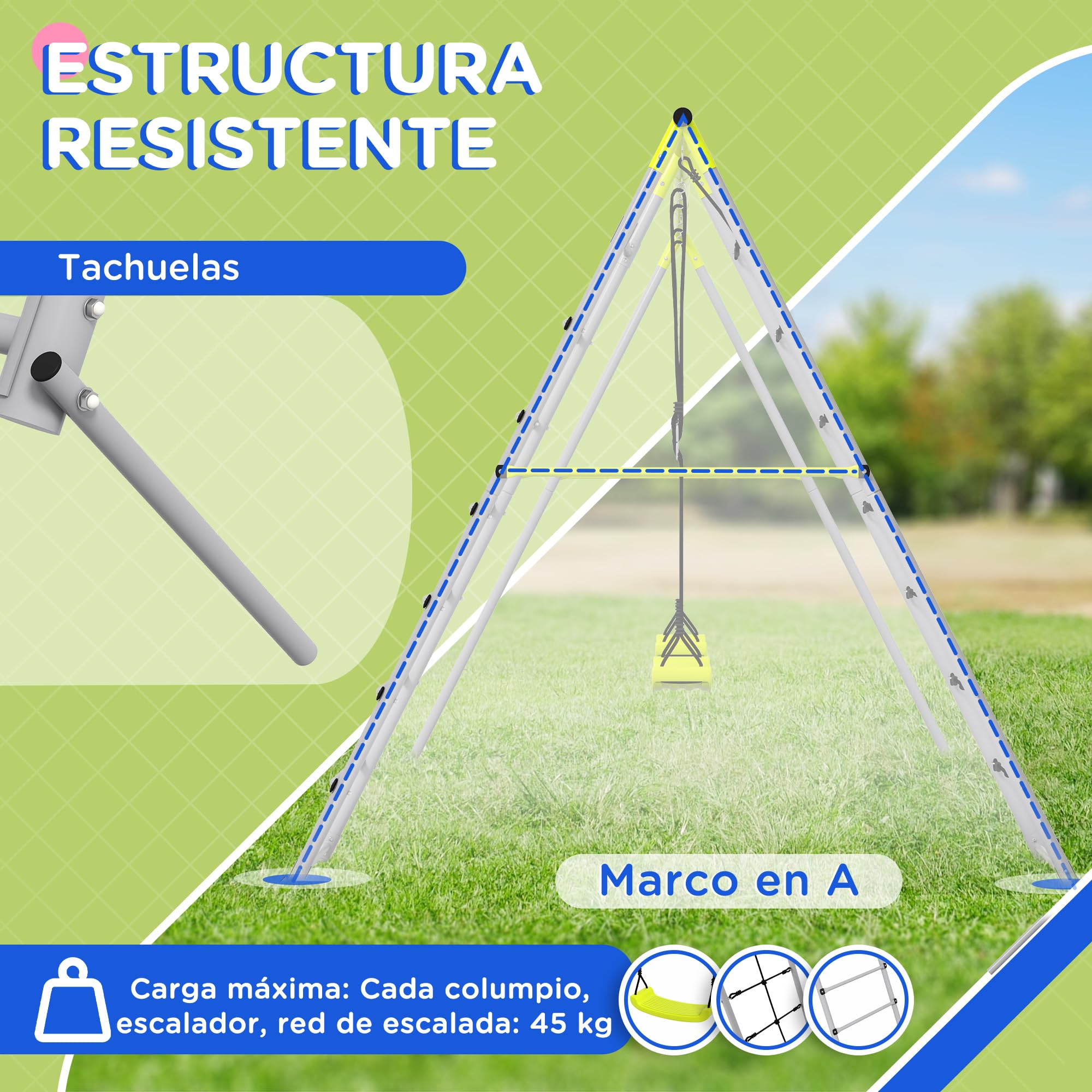 Outsunny Columpio 4 en 1 para Niños con 2 Sillas, Trepador, Red de Escalada, Cuerda Ajustable y Anti-UV, Jardín Exterior, Carga 180 kg, 260x185x180 cm, Gris y Verde