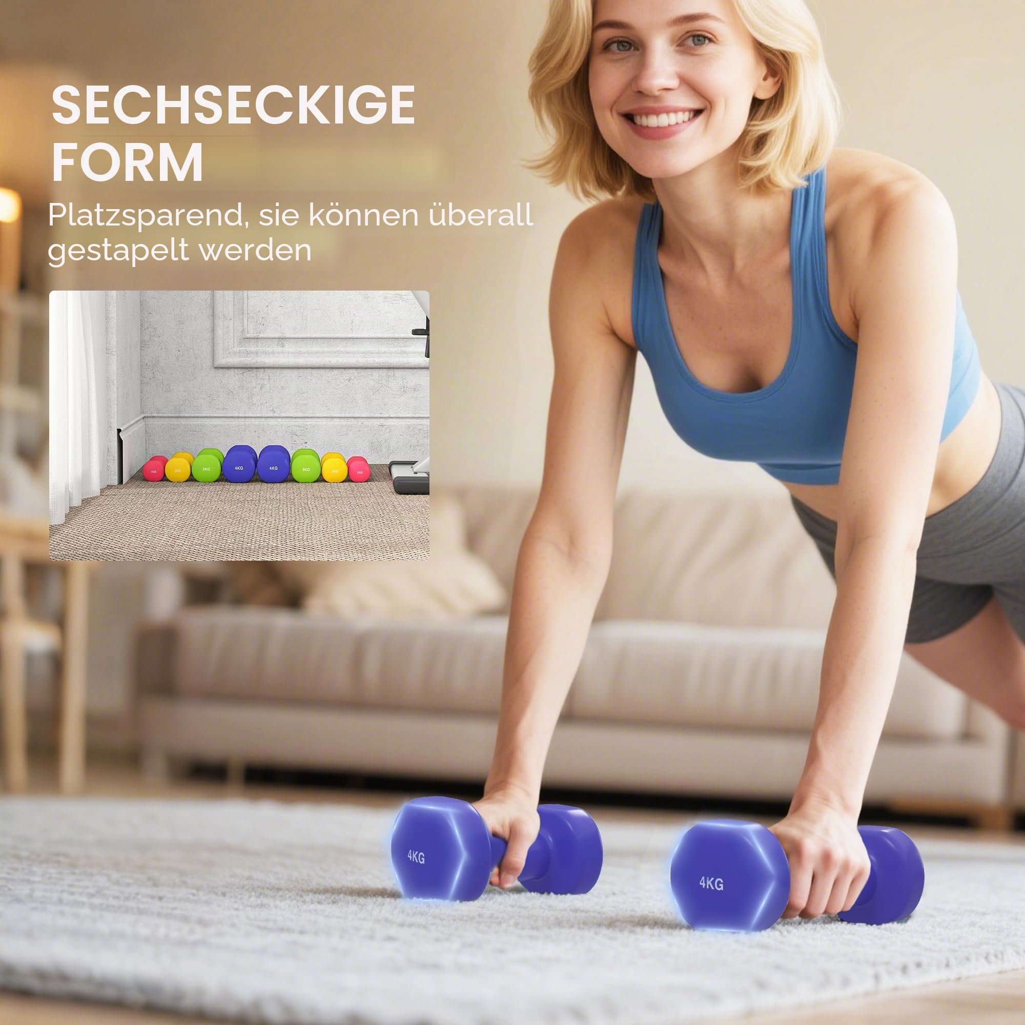 HOMCOM 20 kg Sechskant-Hantel-Set, 8 Stück, 1 kg – 4 kg, mit PU-Beschichtung, für Zuhause, Fitnessstudio, Stahl, mehrfarbig | Gym Kurzhanteln 1 kg - 4 kg PU beschichtet Stahl
