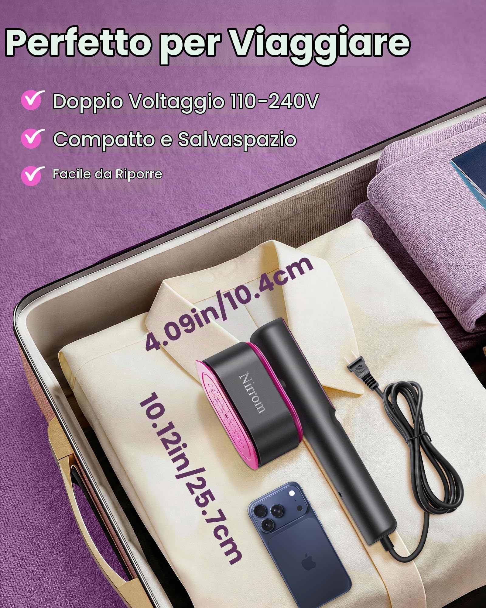 Vaporizzatore da viaggio per vestiti, 110-240 V a doppia tensione, 1200 W di calore veloce in 15 secondi, vapore portatile per indumenti e ferro 2 in 1 con serbatoio da 140 ml e 5 impostazioni