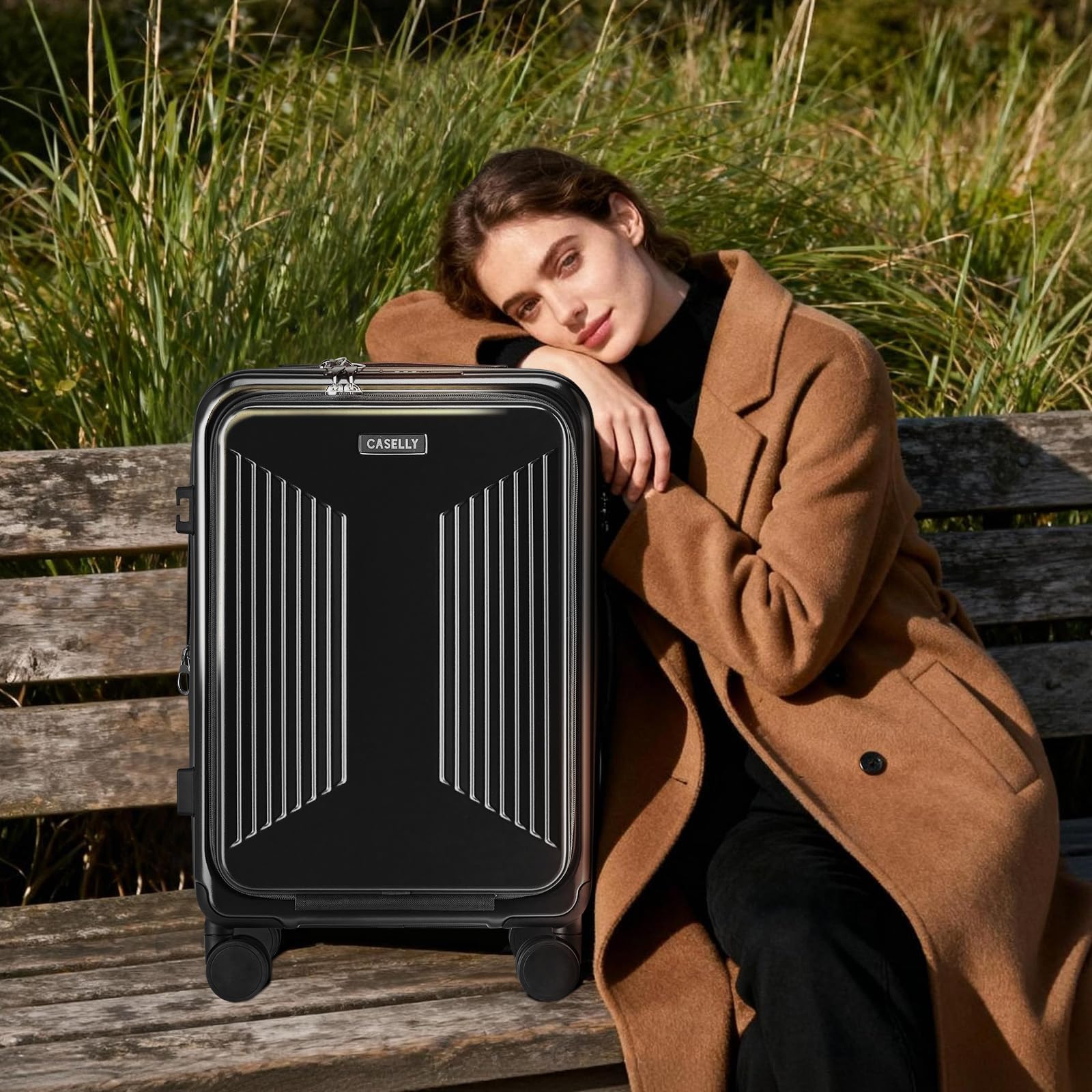 Equipaje de mano con ruedas giratorias y cerradura TSA integrada, maleta rígida de carga superior expandible, maleta de gran capacidad, equipaje rodante duradero con puerto USB BH013, Negro