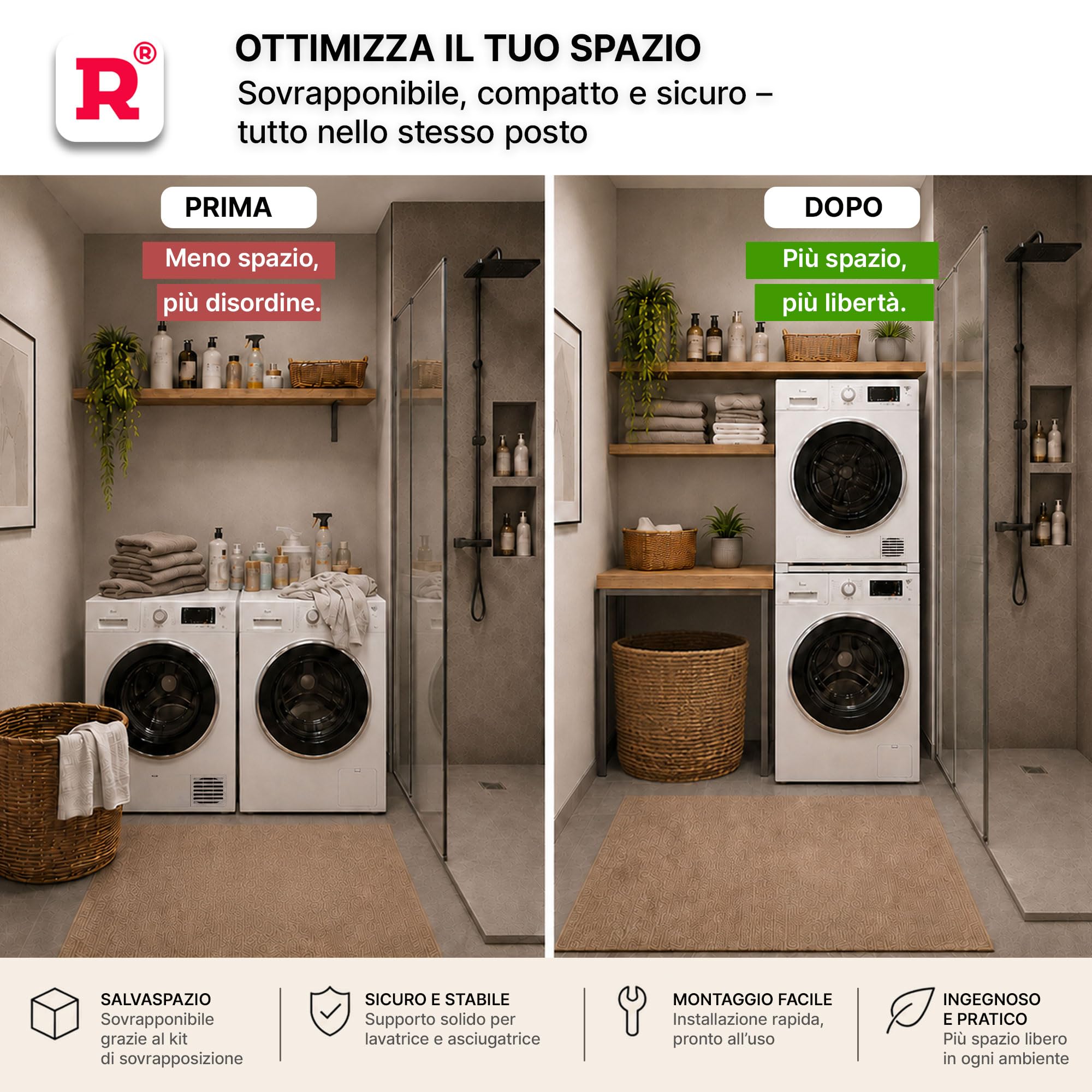 ROLLER Kappatos Kit Sovrapposizione Lavatrice Asciugatrice con Ripiano