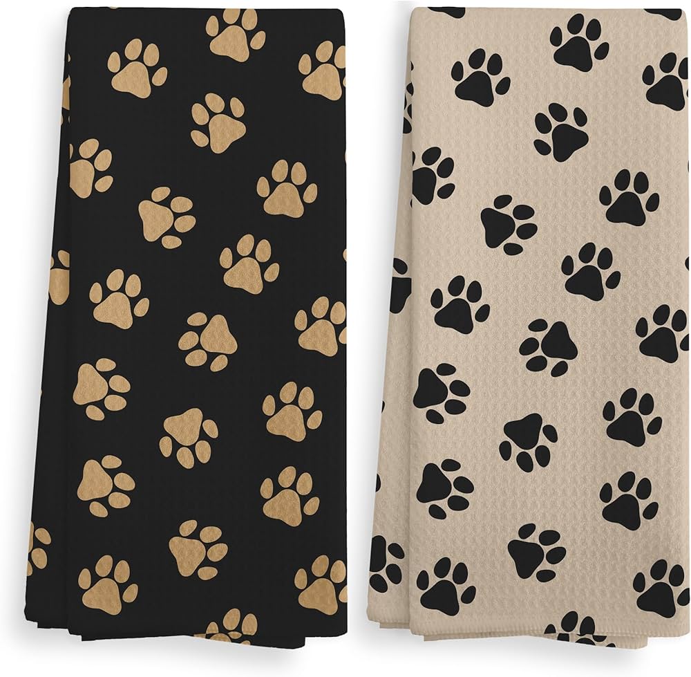 Black and Brown Dog Paws Kitchen Towels and Dishcloths Set of 2, Dog Paw Print Towels, Dog Dish Towels, Cute Dog Brown Hand Towels for Bathroom, Dog Paws Gifts for Dog Lovers Women,16×24Inch