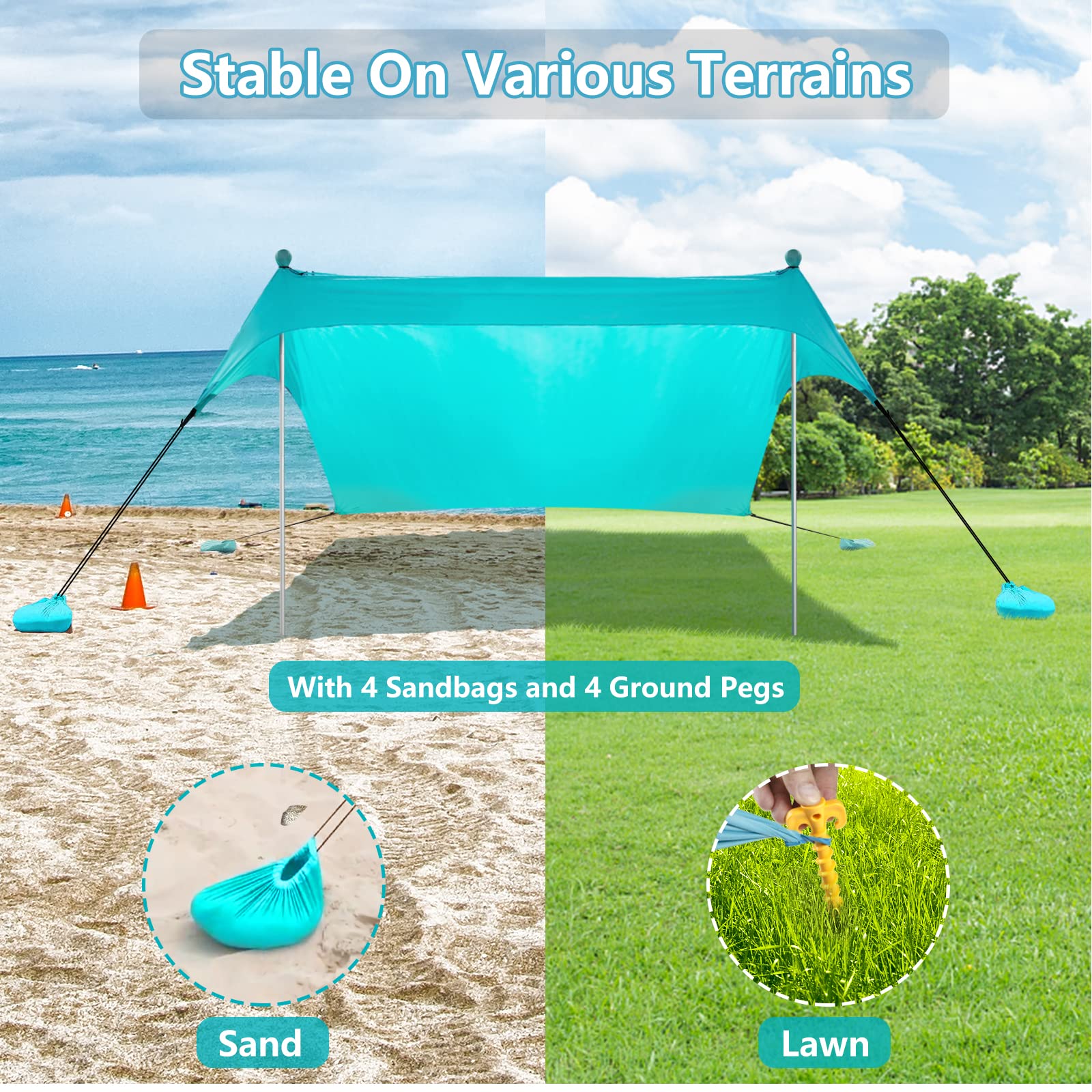 Tente De Plage AKLIFFE UPF50+ | 2.1x2.1 M | 2 Poteaux Aluminium | Anti-UV Et Vent | Pour Plage Camping
