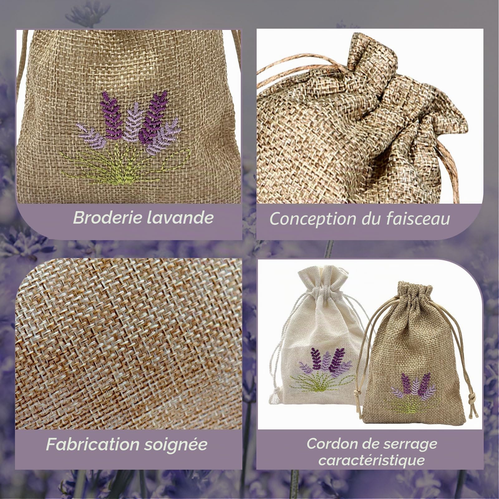 Lot de 12 sachets de lavande vides à remplir, avec cordon de serrage, coton et lin, pour bijoux, épices, herbes