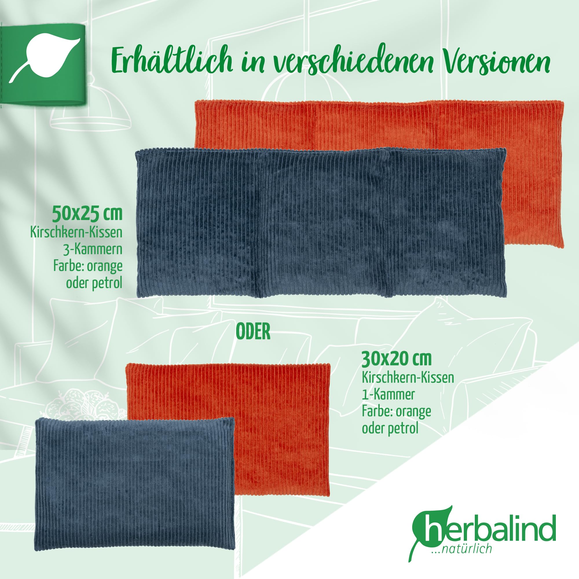 HERBALIND Robustes Kirschkernkissen Cord Premium 50x20cm 900g (L) - Handmade in Germany - Wärmekissen für Mikrowelle - 100% OEKO TEX Baumwolle für Erwachsene Kinder (Cordstoff, petrol)