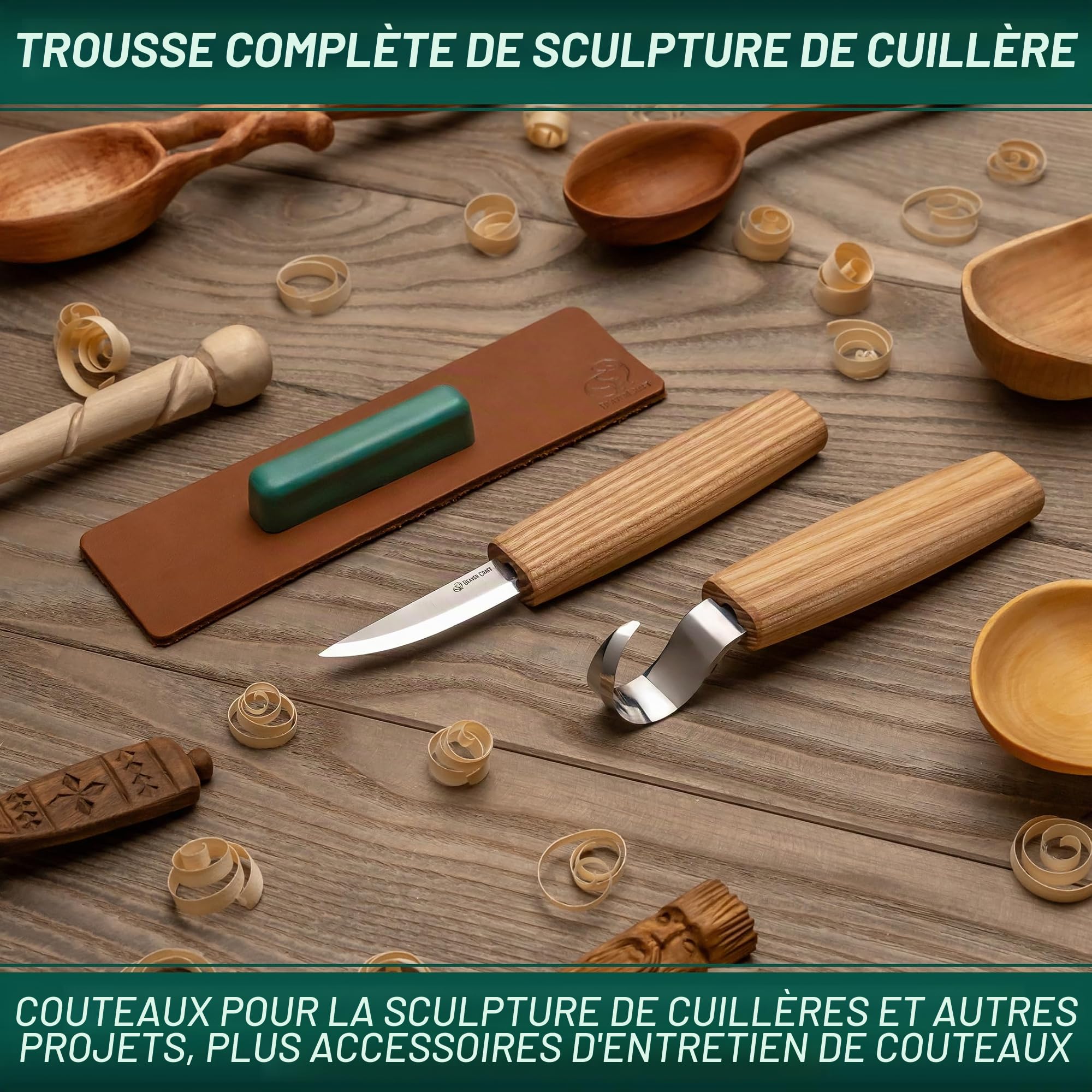 BeaverCraft S01 Set de Couteaux pour Sculpter des Cuillères en Bois Kit d'Outils de Fabrication de Cuillères Couteau à Crochet Couteau à Droite Coupe Kuksa pour Débutants et Professionnel