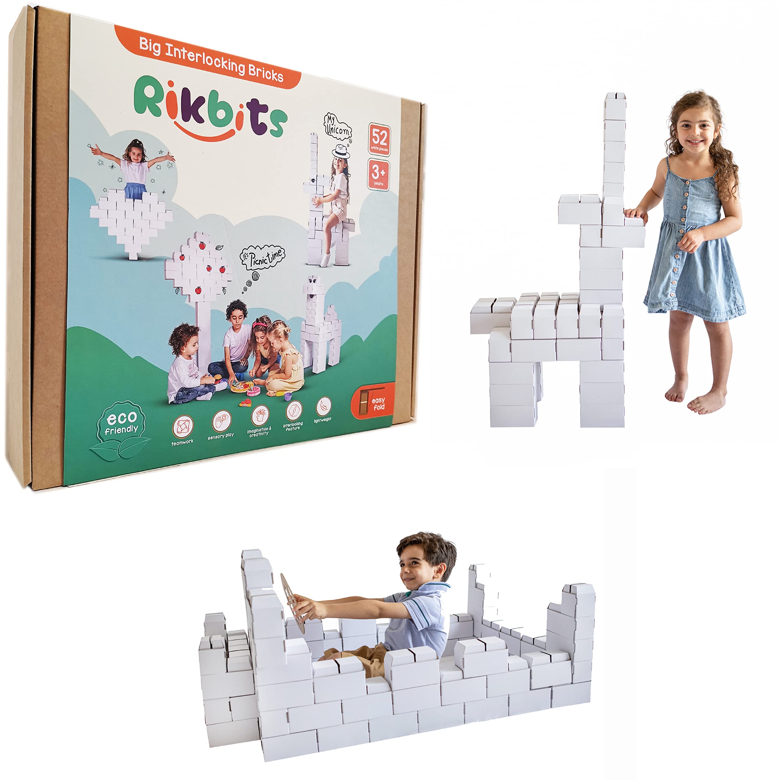 RikbitsJumbo eco-friendly building blocks toys for kids - White color - 52 pieces- large blocks