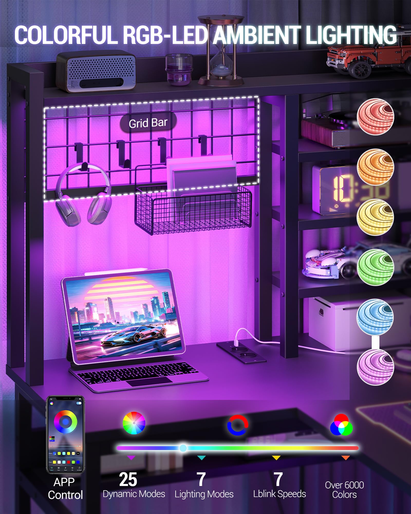 Hzuaneri Escritorio Gaming en Forma L con Iluminación RGB y Enchufes, 156 x 90 cm, Escritorio de Rincón con Soporte para Monitor y Ganchos para Oficina en Casa, Estudio, Dormitorio, Negro CD71006BEU