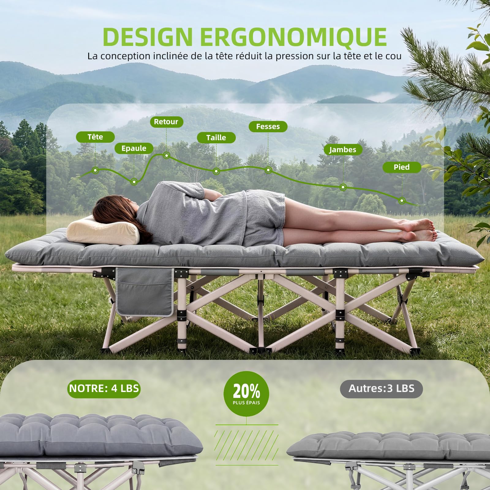 Lit de Camp Pliable avec Matelas Réversible 2 en 1 -Été et Hiver, Lit de Pliable Confortable Charge Jusqu'à 200Kg pour Camping, Les Voyages, la Maison, Jardin, Gris