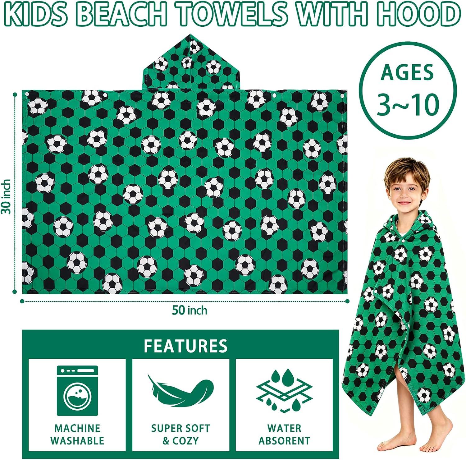 Hooded Towels for Kids - Superfine Fiber Soccer Toddler Hood Bath Towels Beach Hooded Poncho Absorbent Pool Toddler Swim Bath Wrap for Boys & Girls 3-10 Years Beach Essentials, 50 * 30 inches
