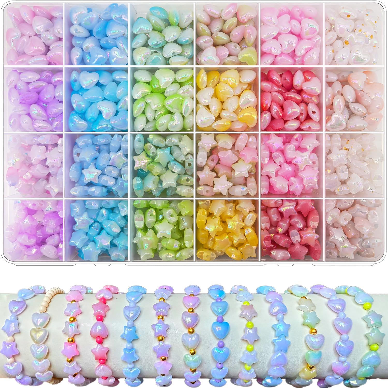 1000Pcs Acrylic Star Beads Hart Beads for Bracelet Jewelry Making, ABS Cute Acrylic Pastel Bead Colorful Assorted Aesthetic Rianbow Kawaii Bead Bulk for Bracelet DIY Craft Earring Phone Charm