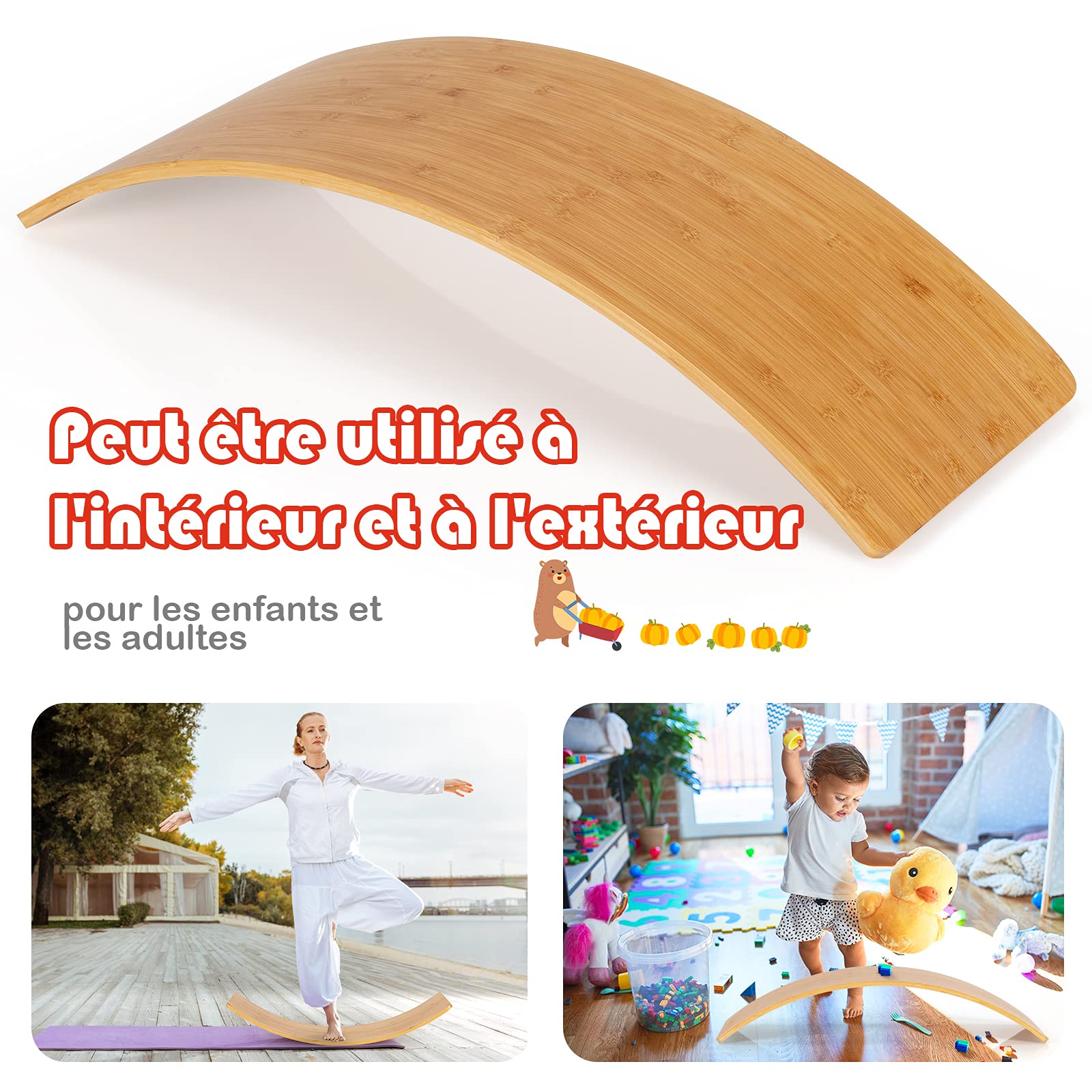 COSTWAY 6 en 1 Planche d'Équilibre Enfant en Bois, Balance Board Incurvé, Charge 150kg, 90,5 x 29,5cm