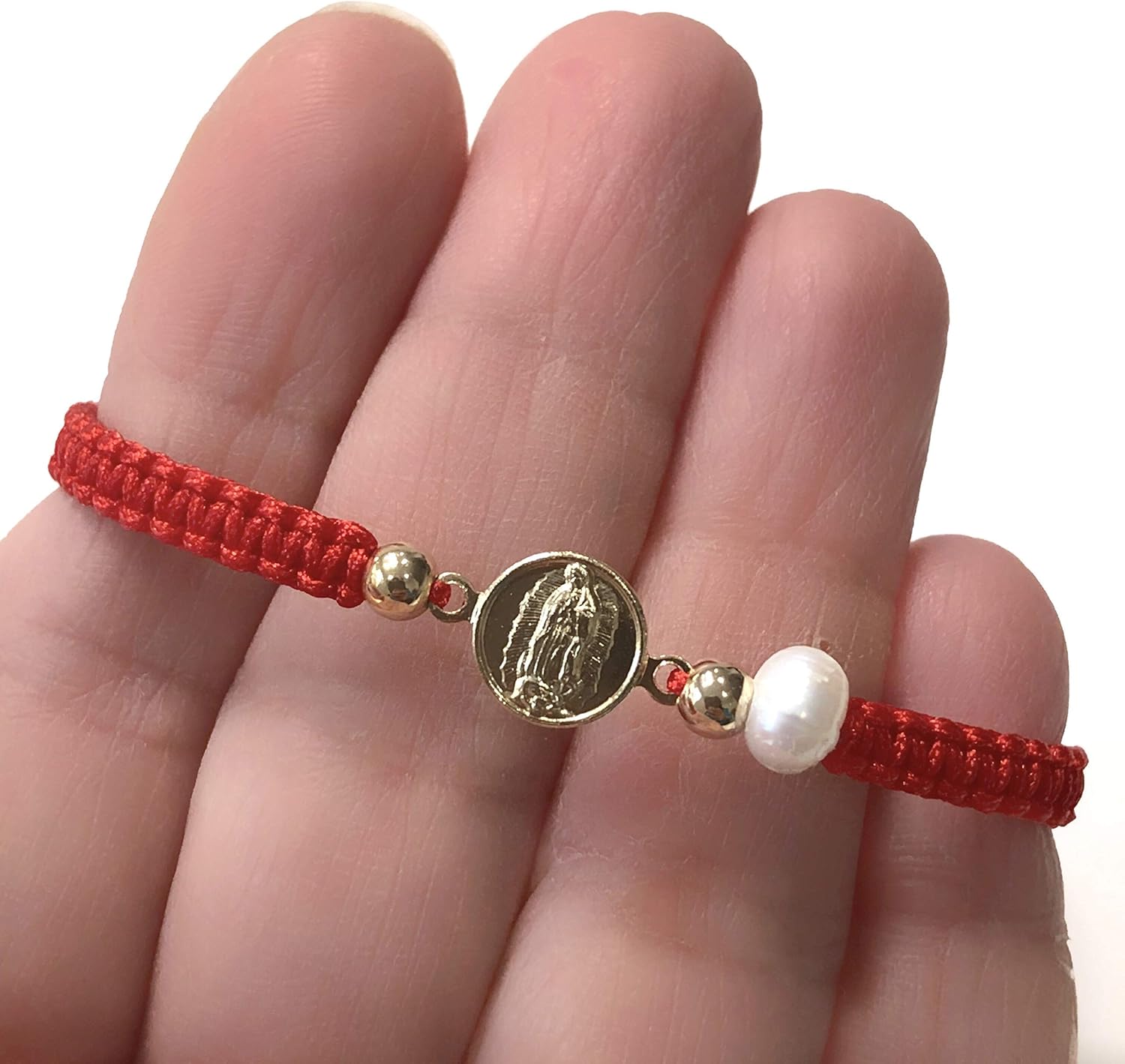 Our Lady of Guadalupe Medal and Dainty Cultured Fresh Father Pearl Adjustable Red String Bracelet Pulsera de la Virgen de Guadalupe para Mujeres - Image 4