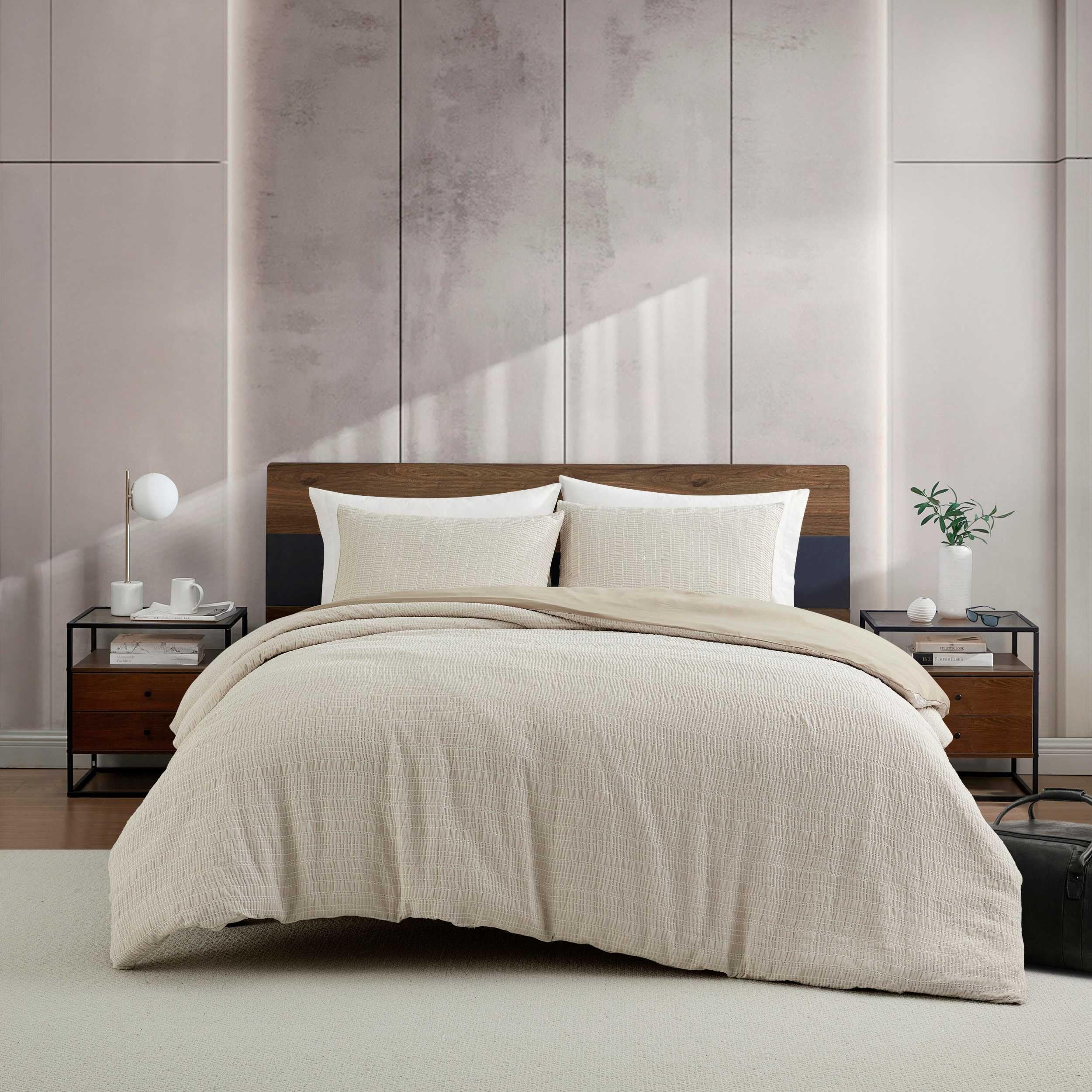 Photo 1 of Kenneth Cole - Queen Comforter Set, Soft & Smooth Textured Bedding w/Matching Pillowcases, Medium Weight for All-Season Comfort, 3 Piece Bed Sets (Stitched Gauze Beige)