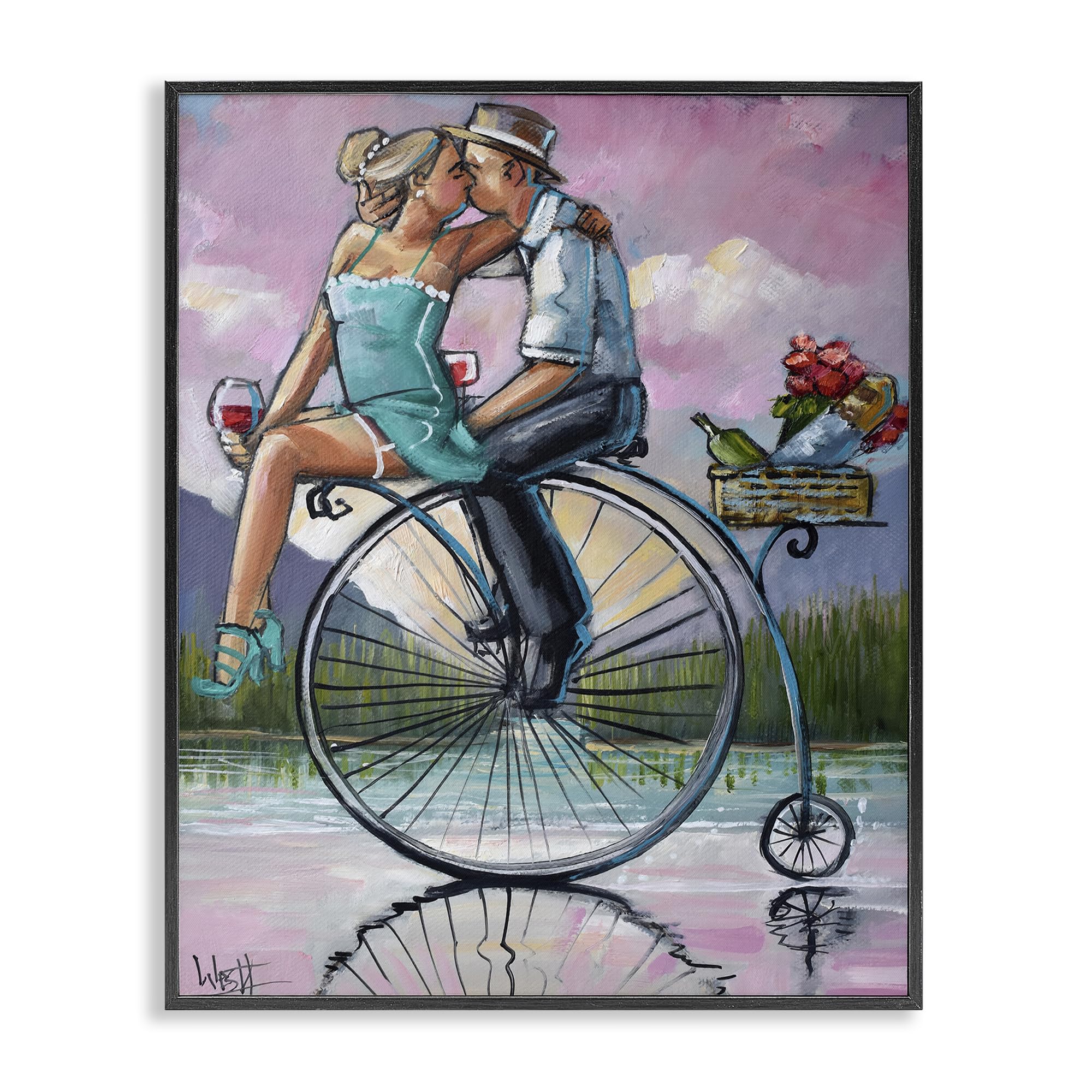 Stupell Industries 'Romantic Picnic on Bicycle', Framed Giclee Art, Black, 24 x 30 Inches, Easy to Hang and Sturdy, Made in USA, by Ronald West