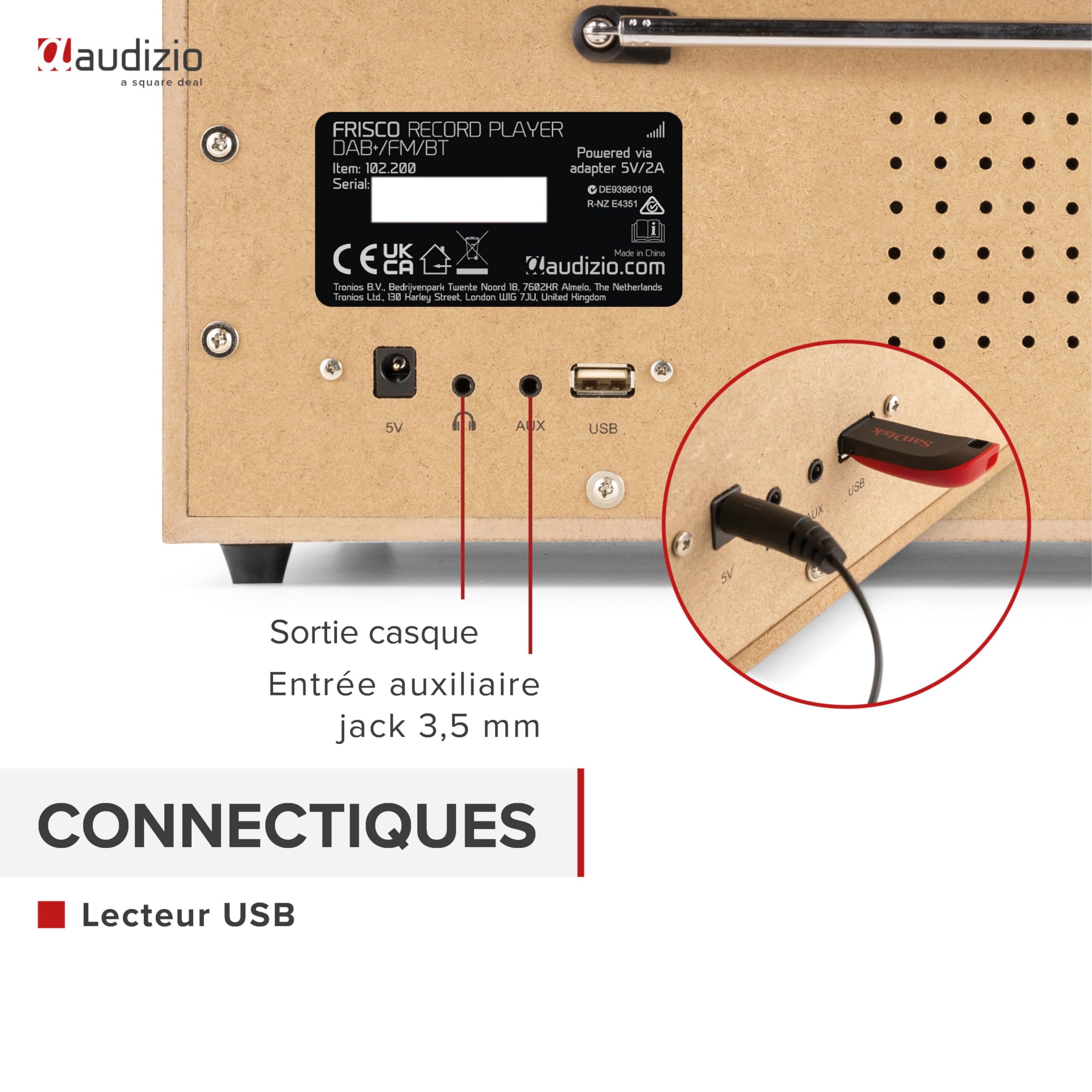 Audizio Frisco Platine Vinyle Bluetooth avec Radio Dab+ Intégrée - Marron, Radio Dab+ et FM avec Haut-Parleur Intégré, 33, 45, 78 Tours, Idéale pour écouter Vos vinyles préférés