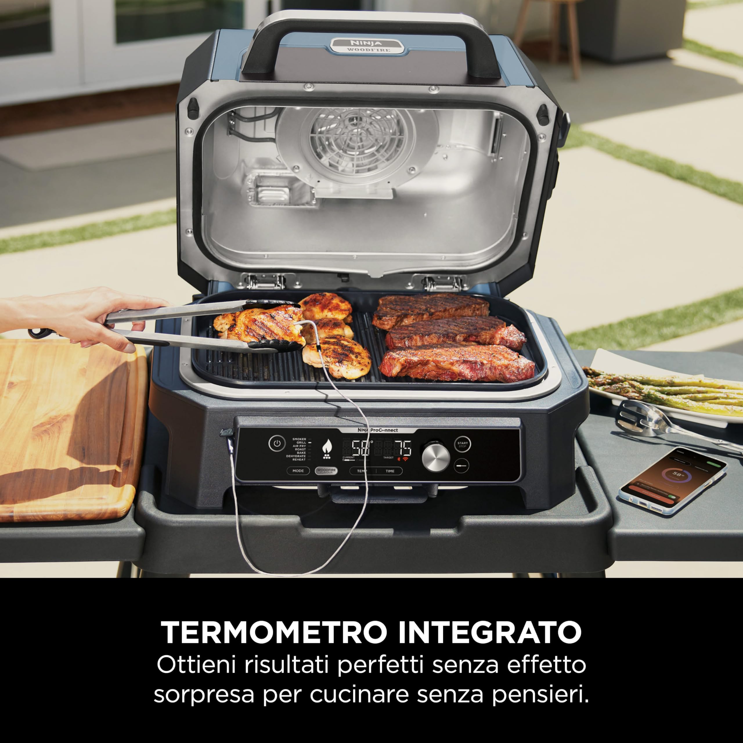 Ninja Woodfire Pro Connect XL Barbecue Elettrico 7 in 1 Griglia Affumicatore Friggitrice ad Aria Controllo App Blu/Nero