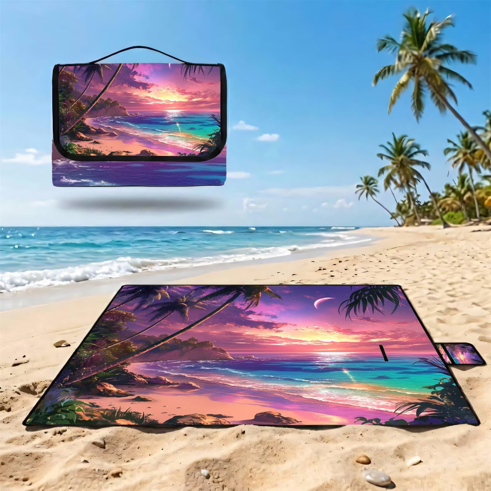 Grande Coperta de Picnic 200x300 cm, Luna Manta Picnic Impermeable Anti-Sabbia Manta de Playa Pieghevole, Outdoor Picnic Blanket per Spiaggia, Camping, Giardino, Trekking - spiaggia (2) UZ-907